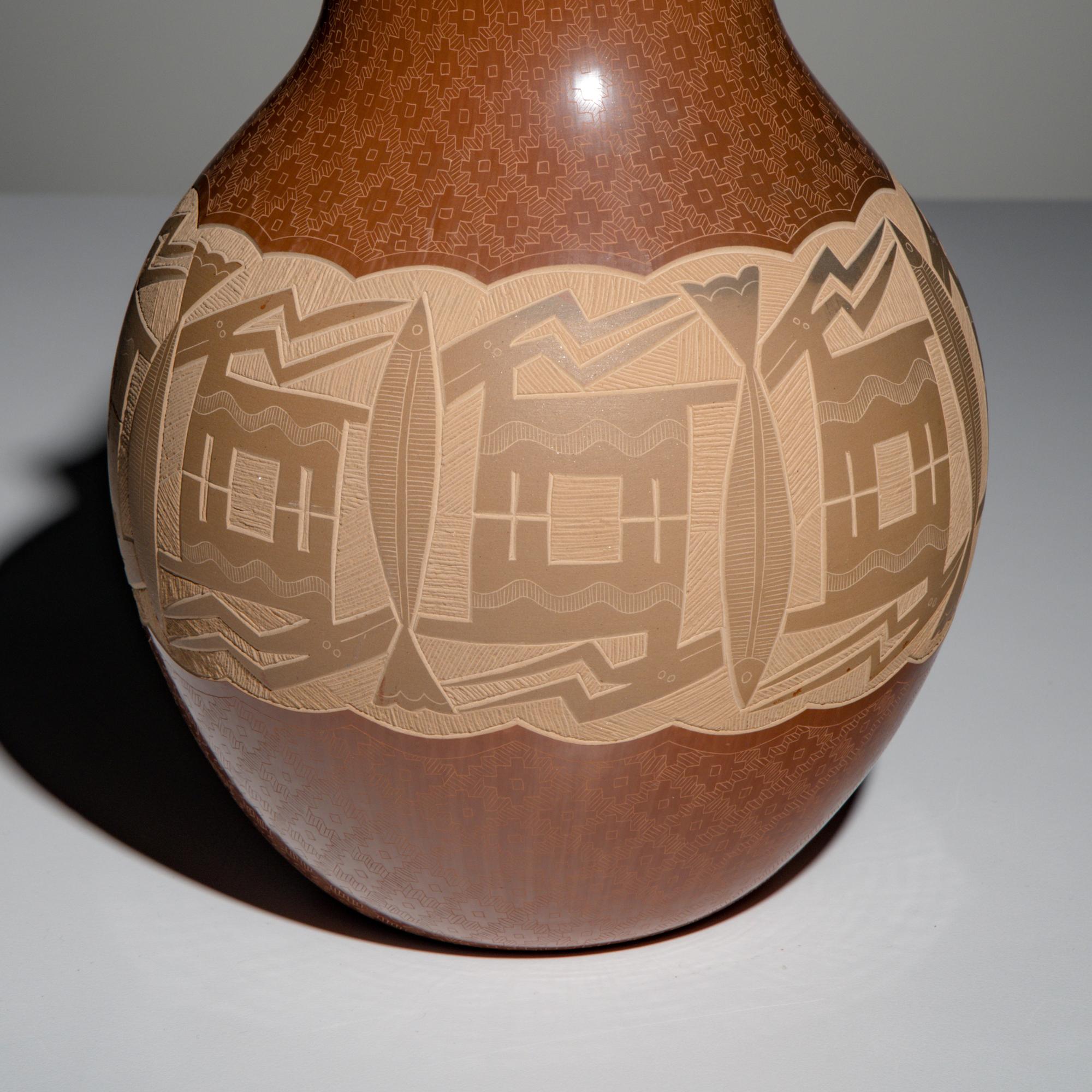 Jody Naranjo (Santa Clara, b. 1969) — Redware Pottery Vase, with Sgraffito Deer and Fish, 2002