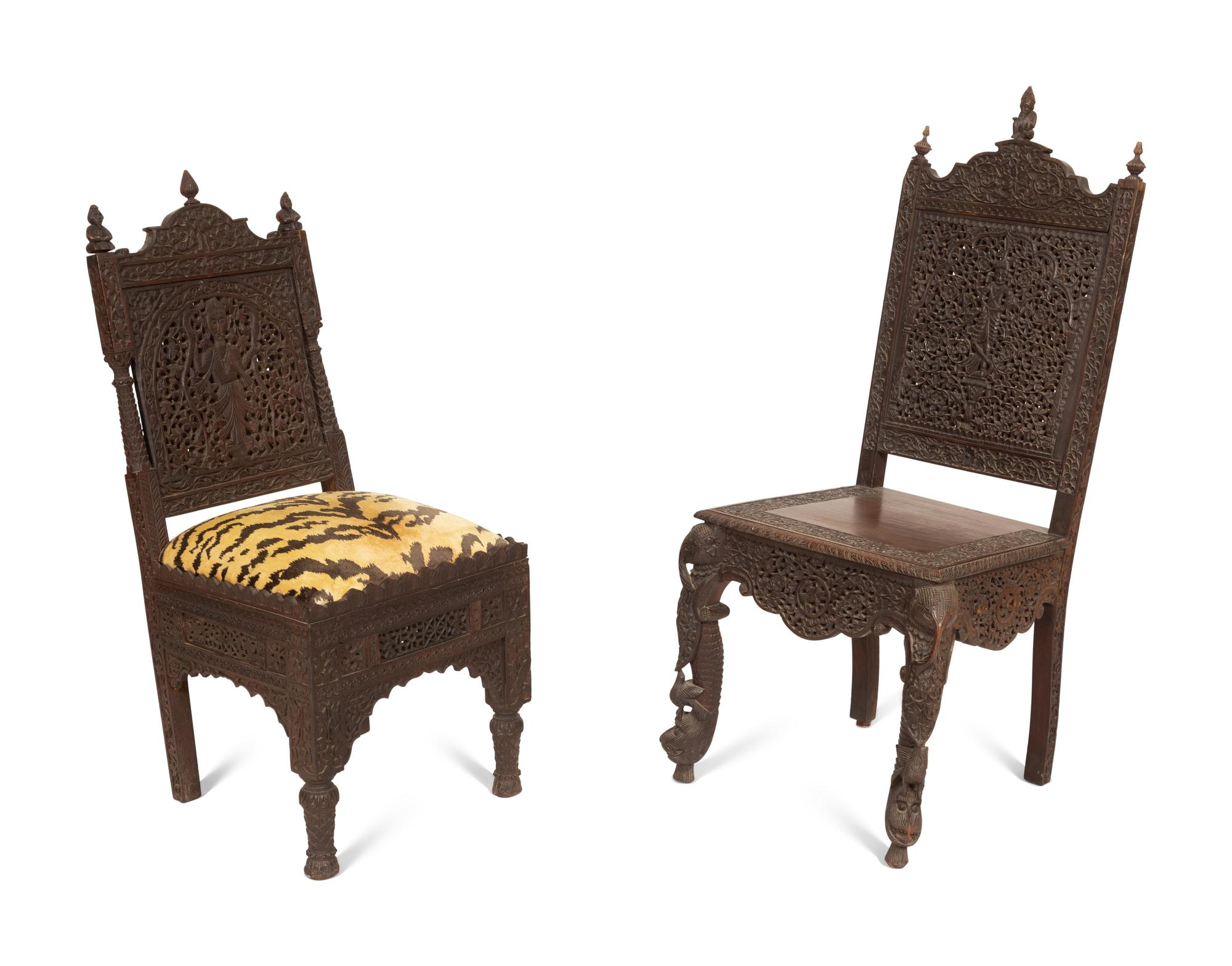 Two Anglo-Indian Carved Teak Side Chairs