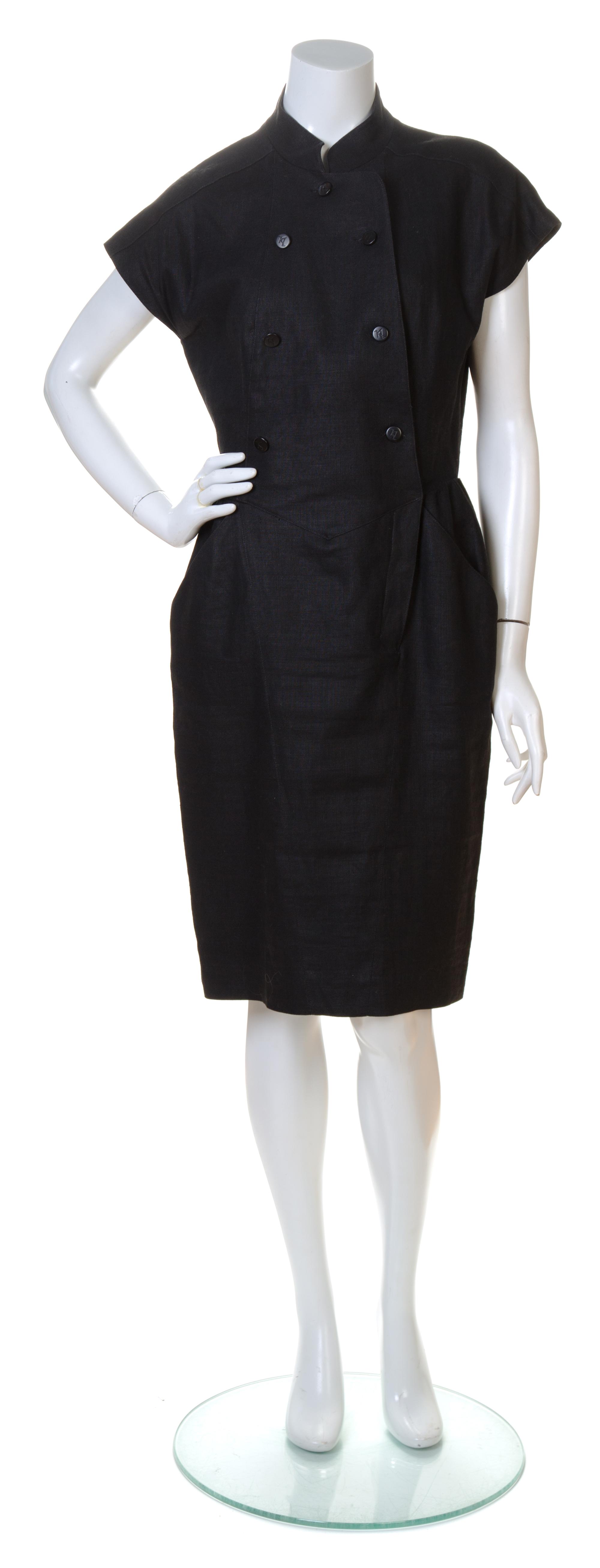 A Karl Lagerfeld Black Linen Double Breasted Dress, Size 44.