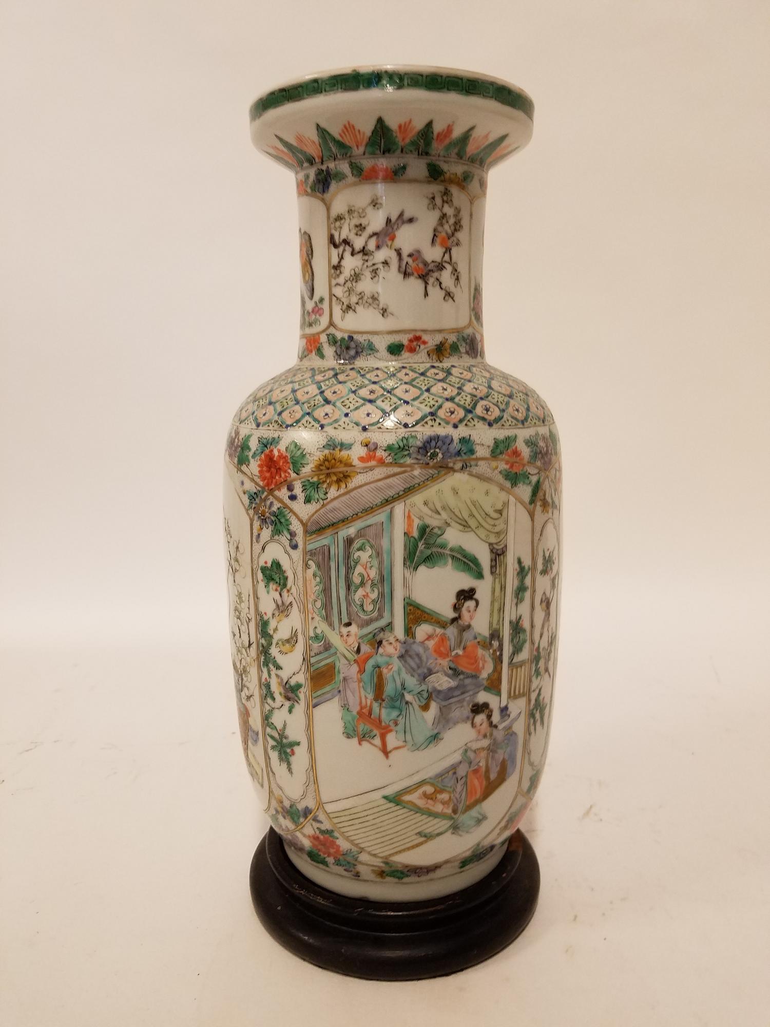A Famille Verte Rouleau Vase Height 14 inches.