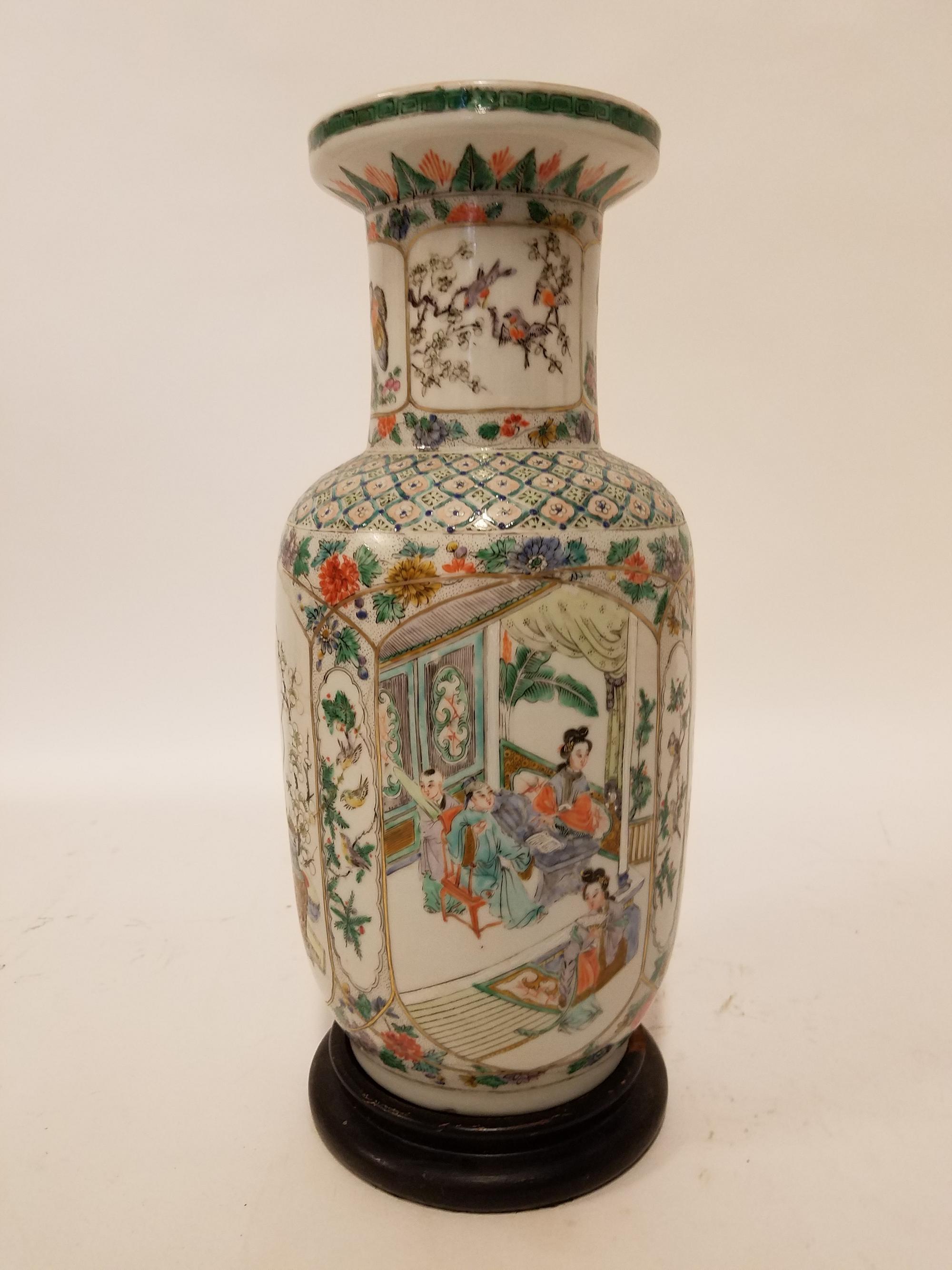 A Famille Verte Rouleau Vase Height 14 inches.