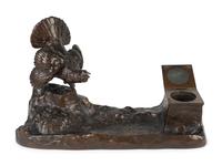 A Bronze Standish with Ruffled Grouse and Inkwell