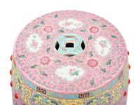 A Chinese Pink Ground Famille Rose Porcelain Garden Stool