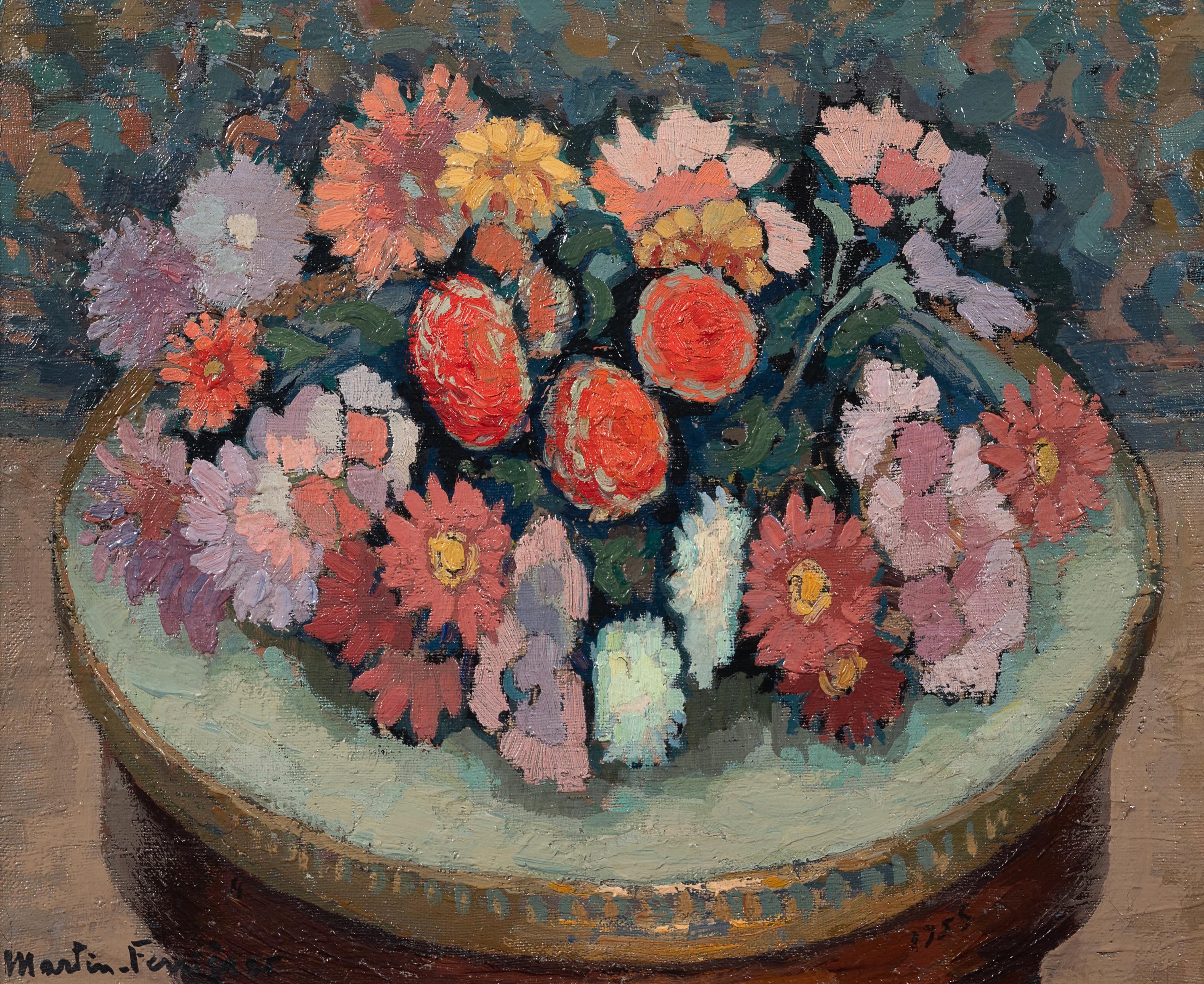 Dahlias sur table bouillotte en marbre