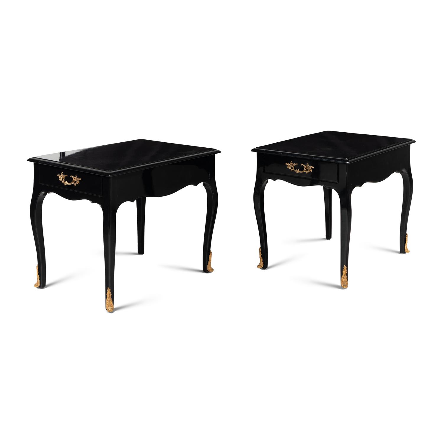 A Pair of Louis XV Style Black Painted and Gilt Bronze Mounted Side Tables