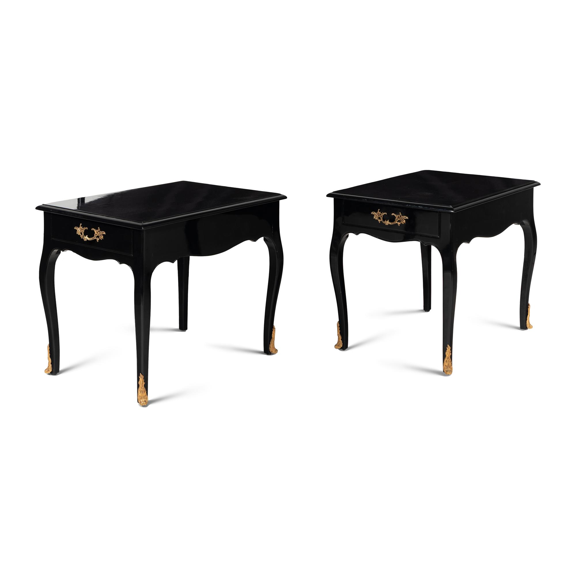 A Pair of Louis XV Style Black Painted and Gilt Bronze Mounted Side Tables