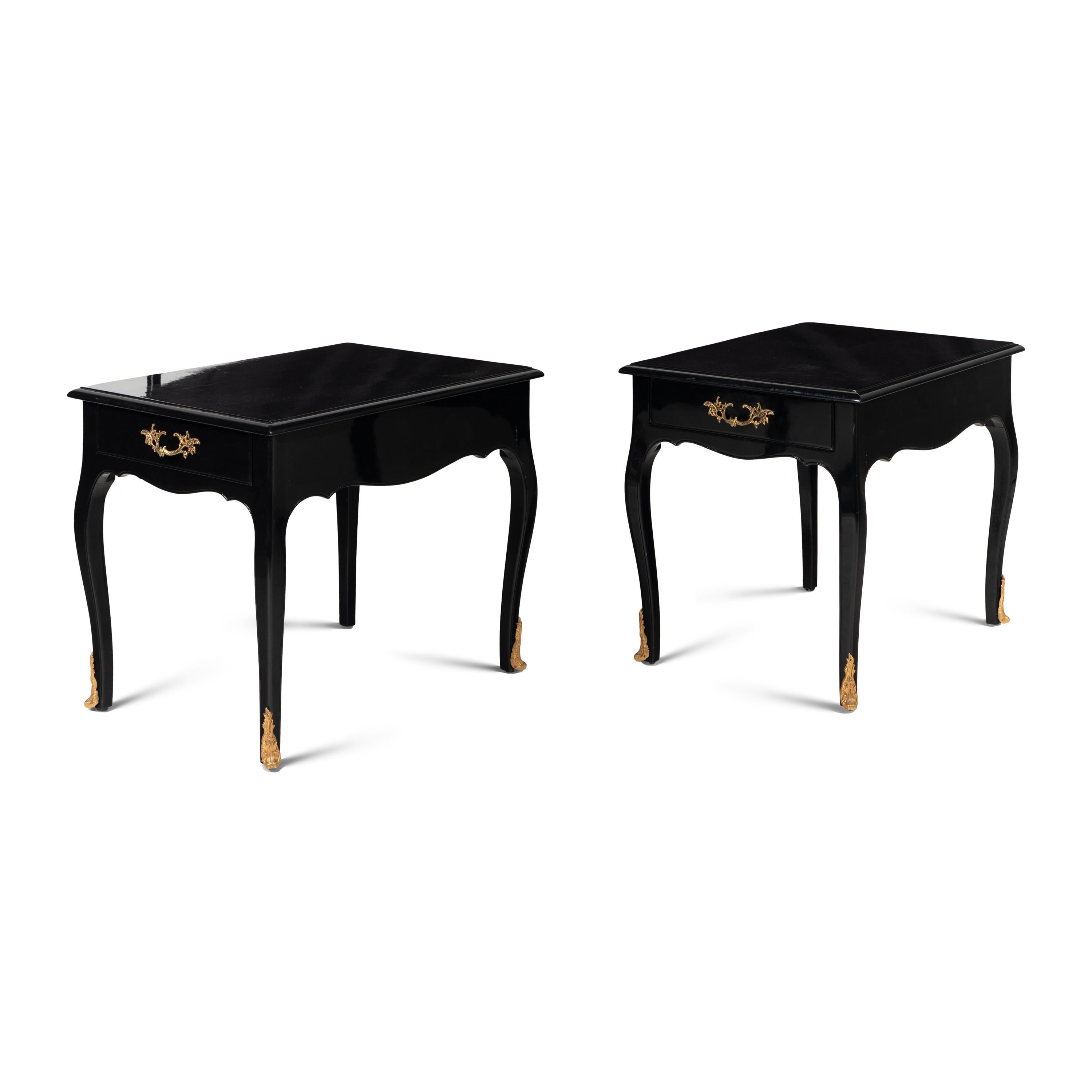 A Pair of Louis XV Style Black Painted and Gilt Bronze Mounted Side Tables