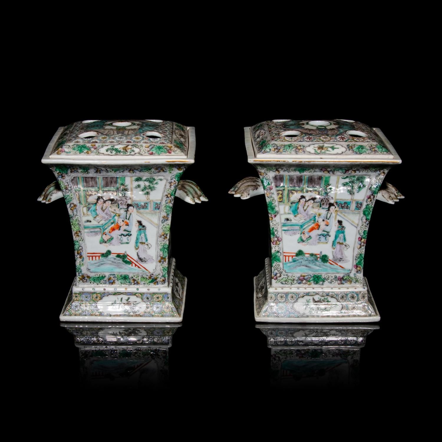 A Pair of Chinese Enameled Porcelain Bough Pots, Second Half 19th Century 清晚期 粉彩開光人物圖花插一對