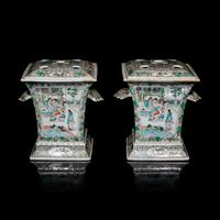 A Pair of Chinese Enameled Porcelain Bough Pots, Second Half 19th Century 清晚期 粉彩開光人物圖花插一對