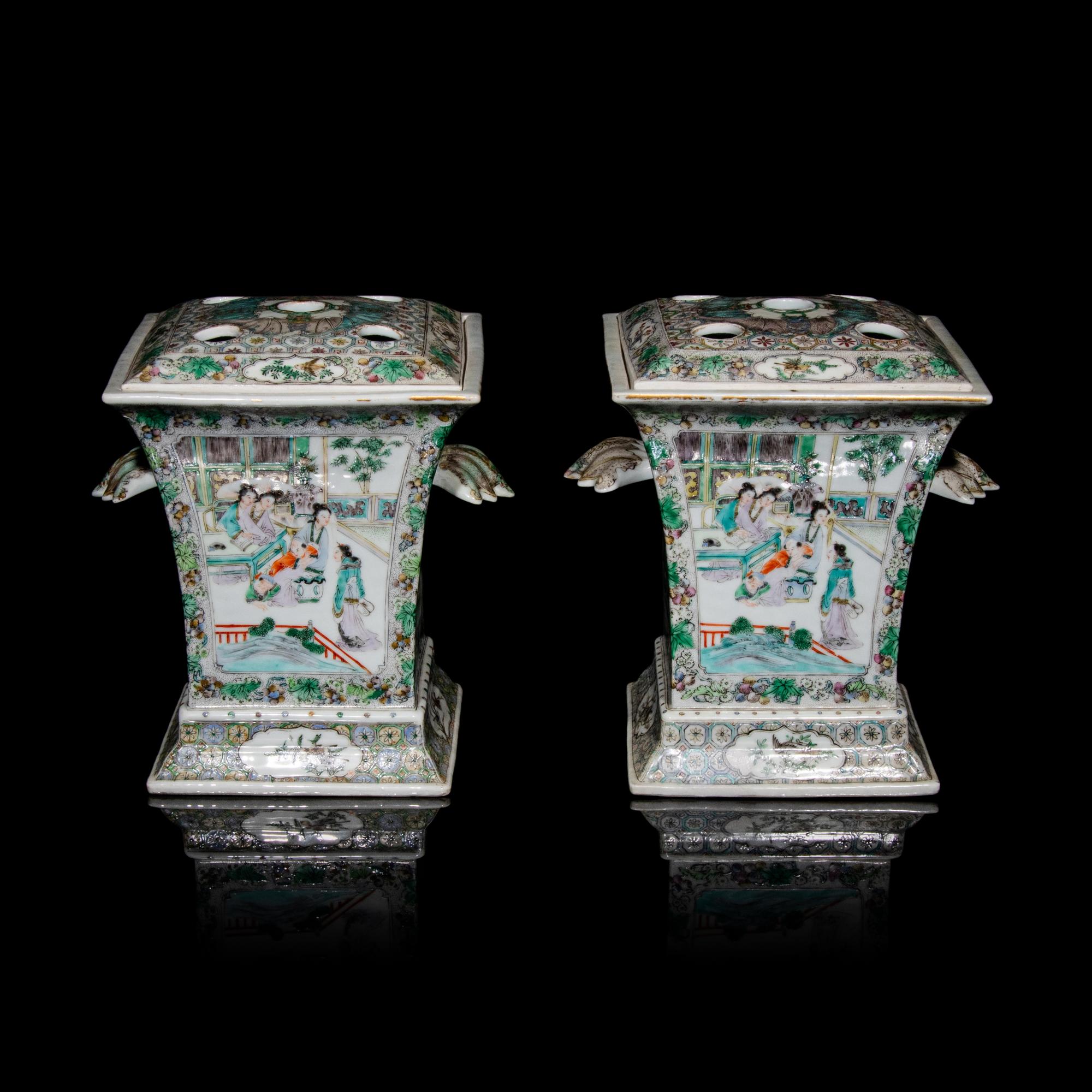 A Pair of Chinese Enameled Porcelain Bough Pots, Second Half 19th Century 清晚期 粉彩開光人物圖花插一對