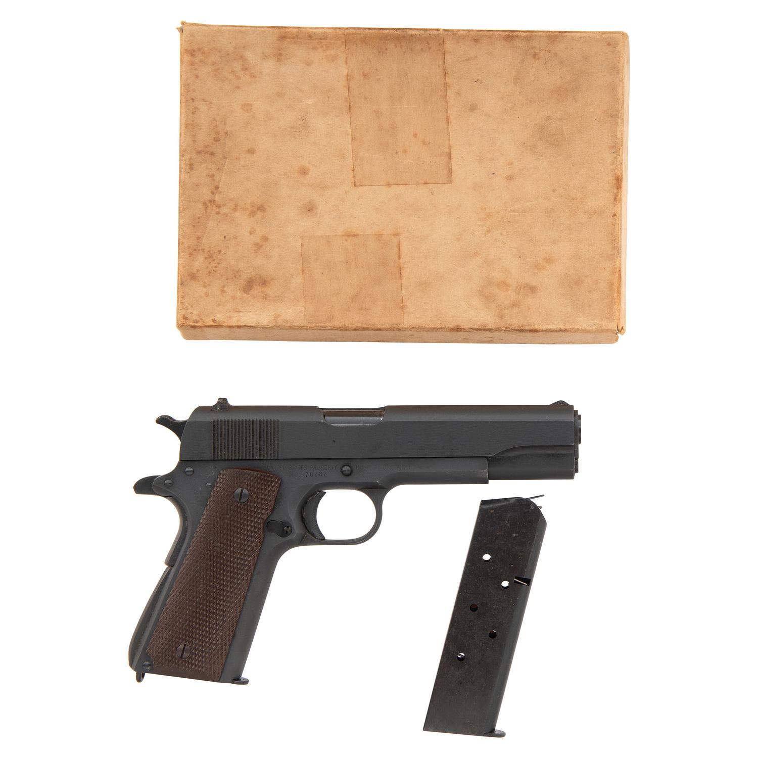 **Mid-1943 Production Remington Rand Model 1911A1 Pistol in Pasteboard Shipping Box with Two Magazines