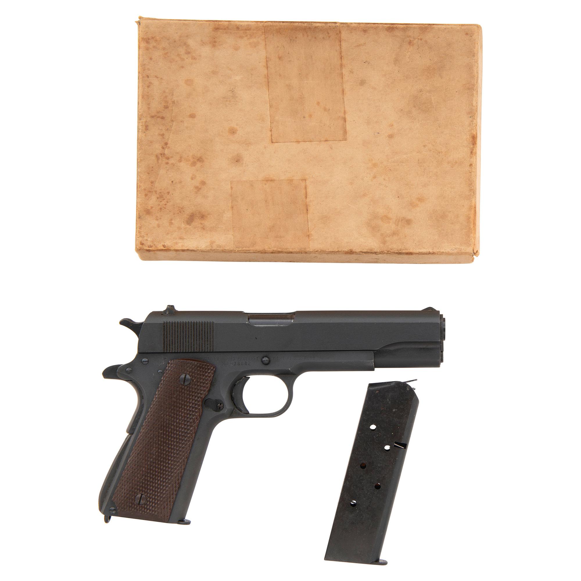 **Mid-1943 Production Remington Rand Model 1911A1 Pistol in Pasteboard Shipping Box with Two Magazines