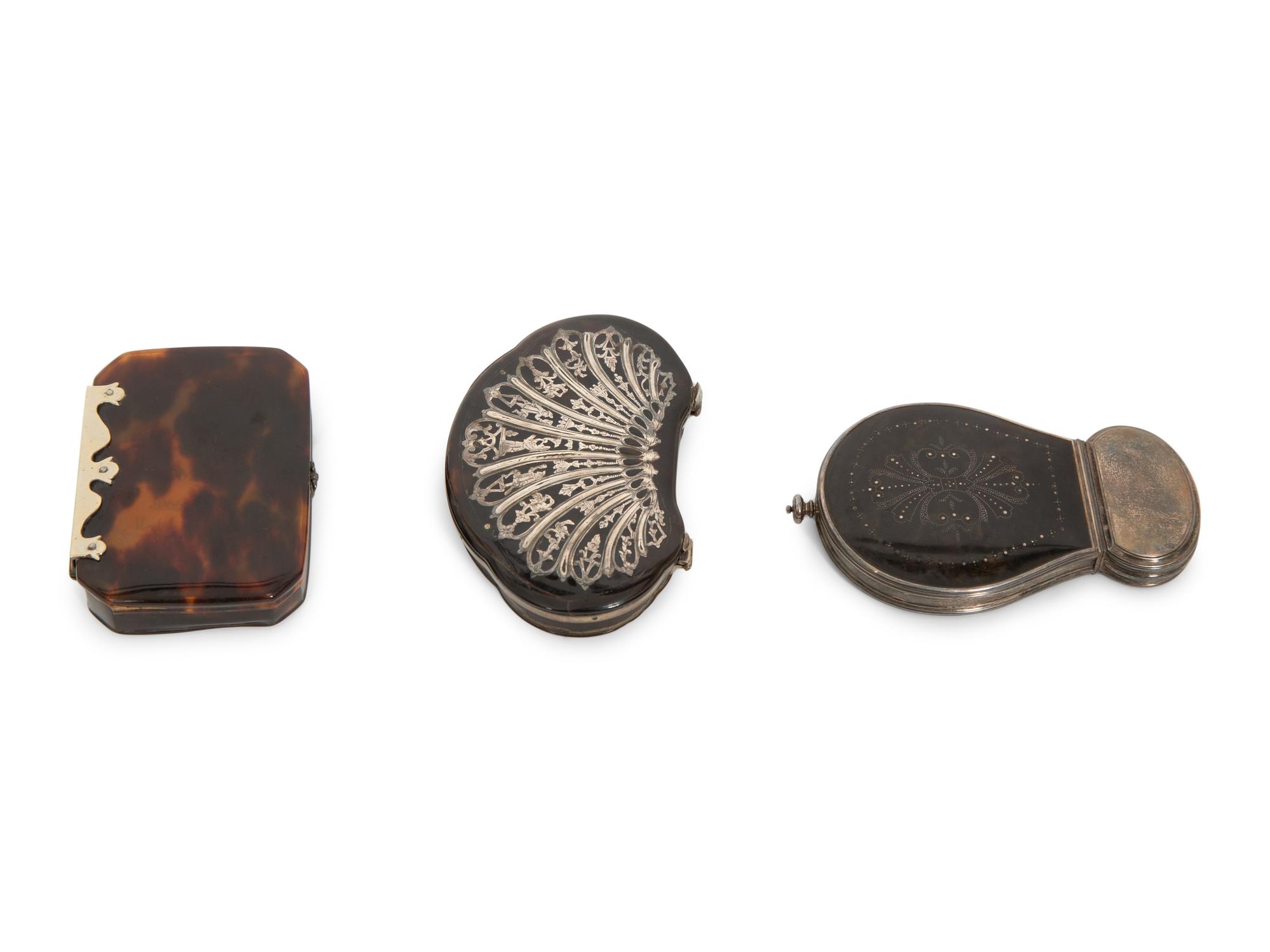 A Silver-Inlaid Tortoise Shell Snuff Box and Two Others