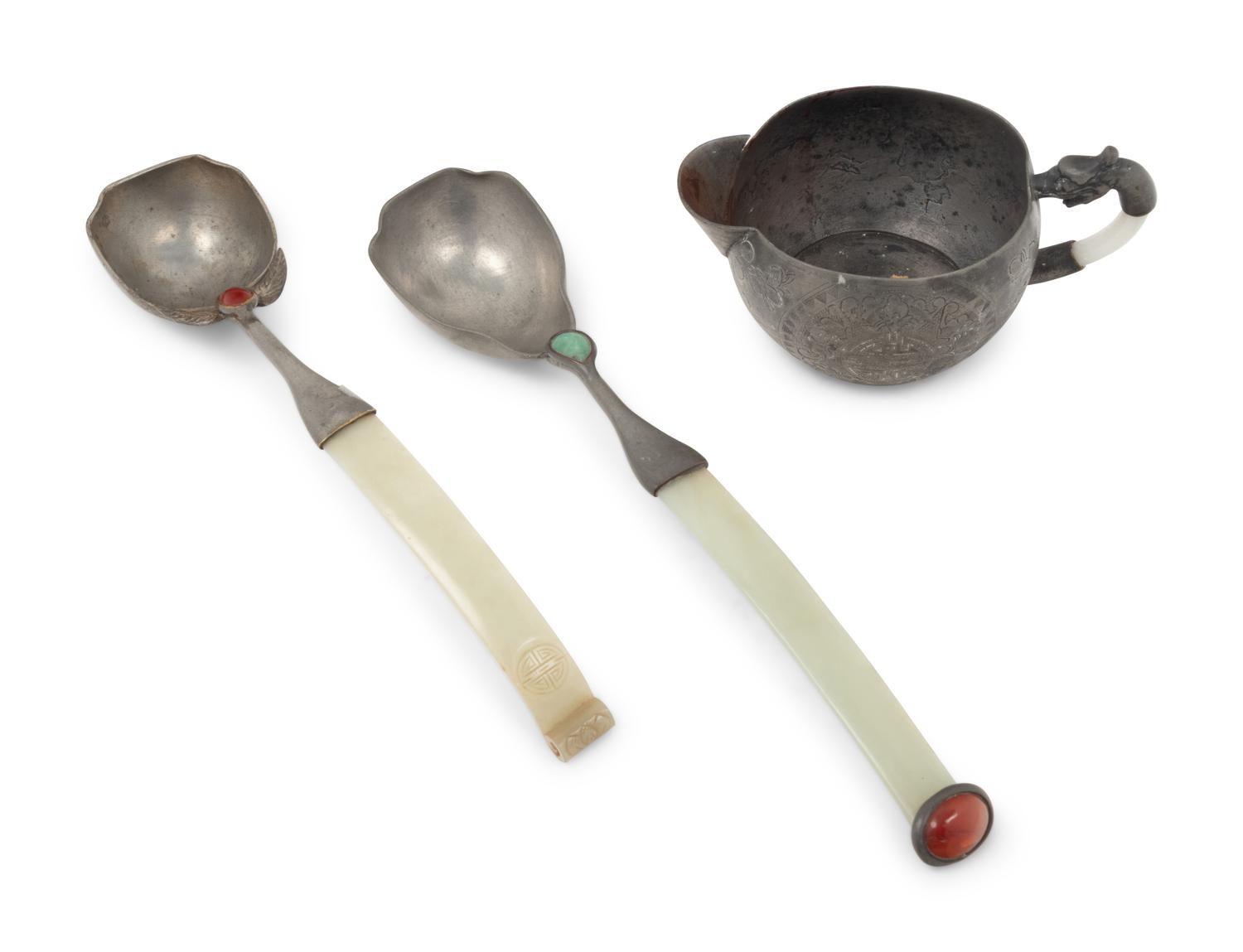 Three Chinese Jade and Hardstone Inset Pewter Articles
