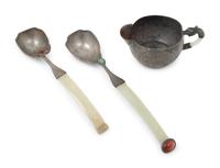 Three Chinese Jade and Hardstone Inset Pewter Articles