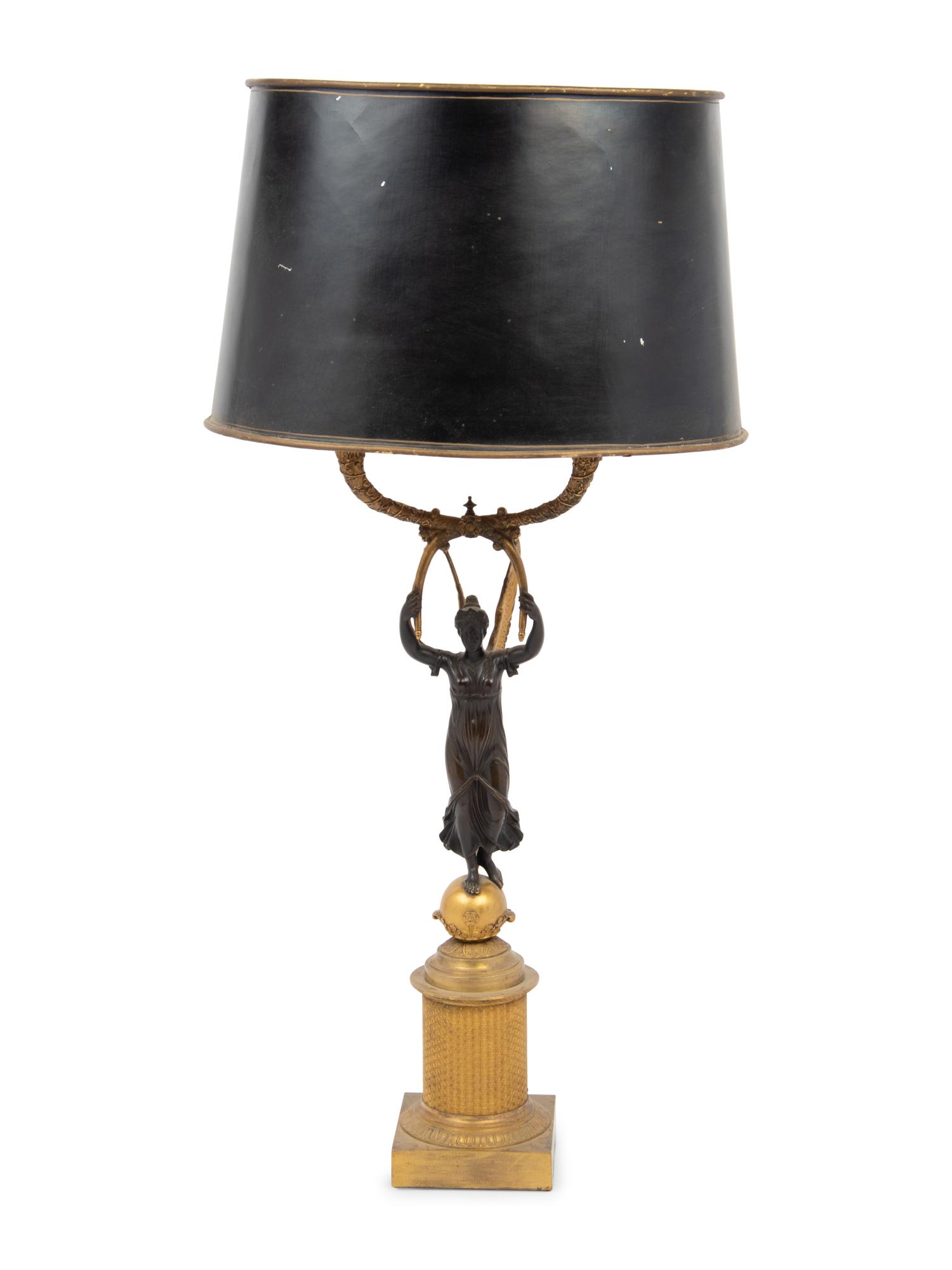 A Continental Gilt and Patinated Bronze Figural Two-Light Candelabrum Mounted as a Lamp