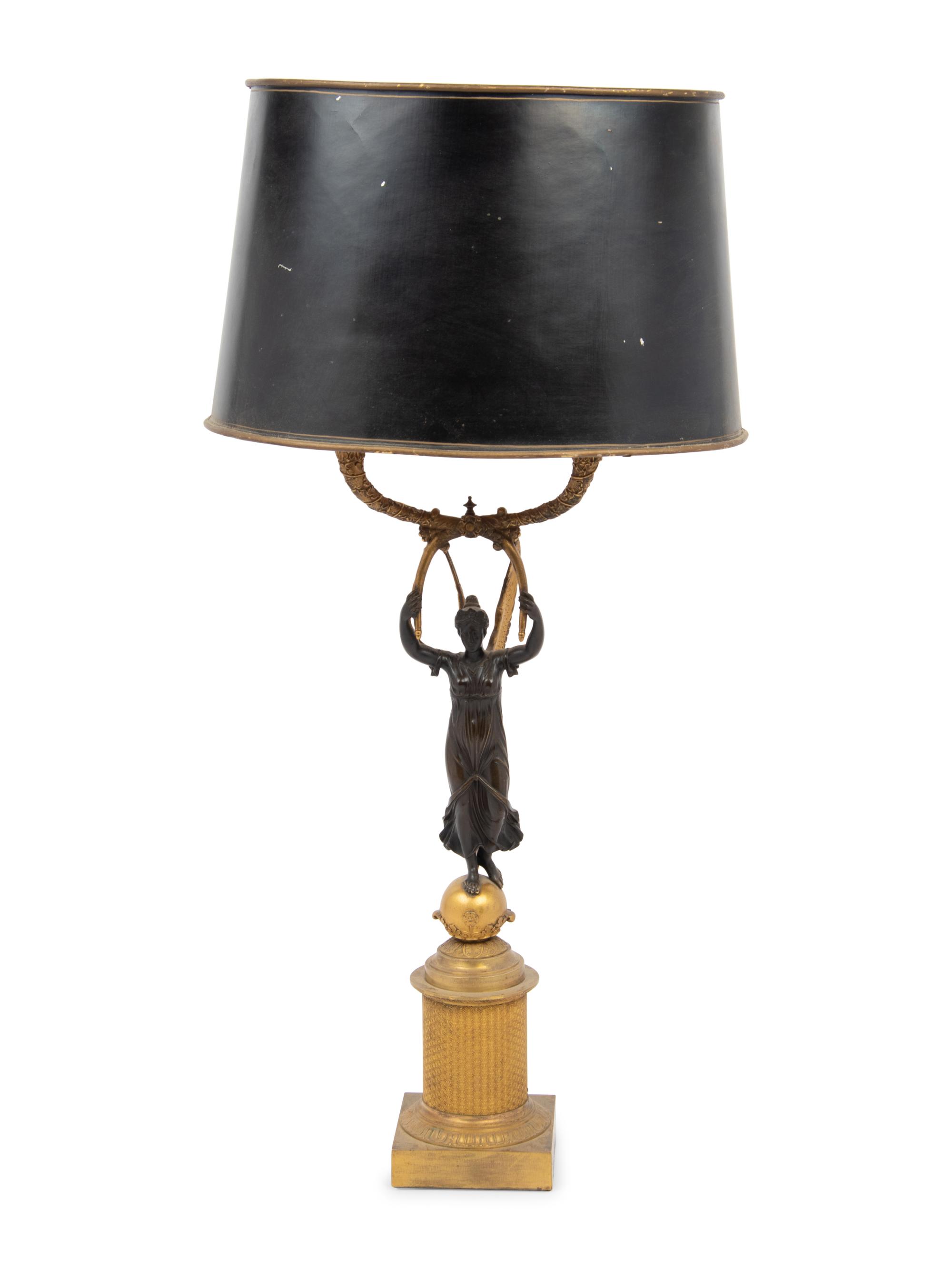 A Continental Gilt and Patinated Bronze Figural Two-Light Candelabrum Mounted as a Lamp