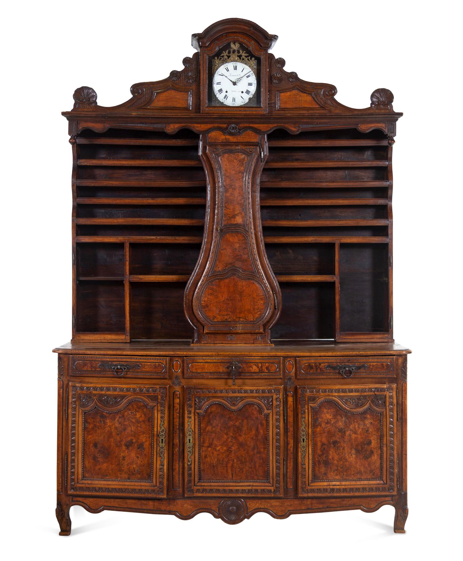 A French Provincial Burlwood Clock-Inset Serving Cabinet