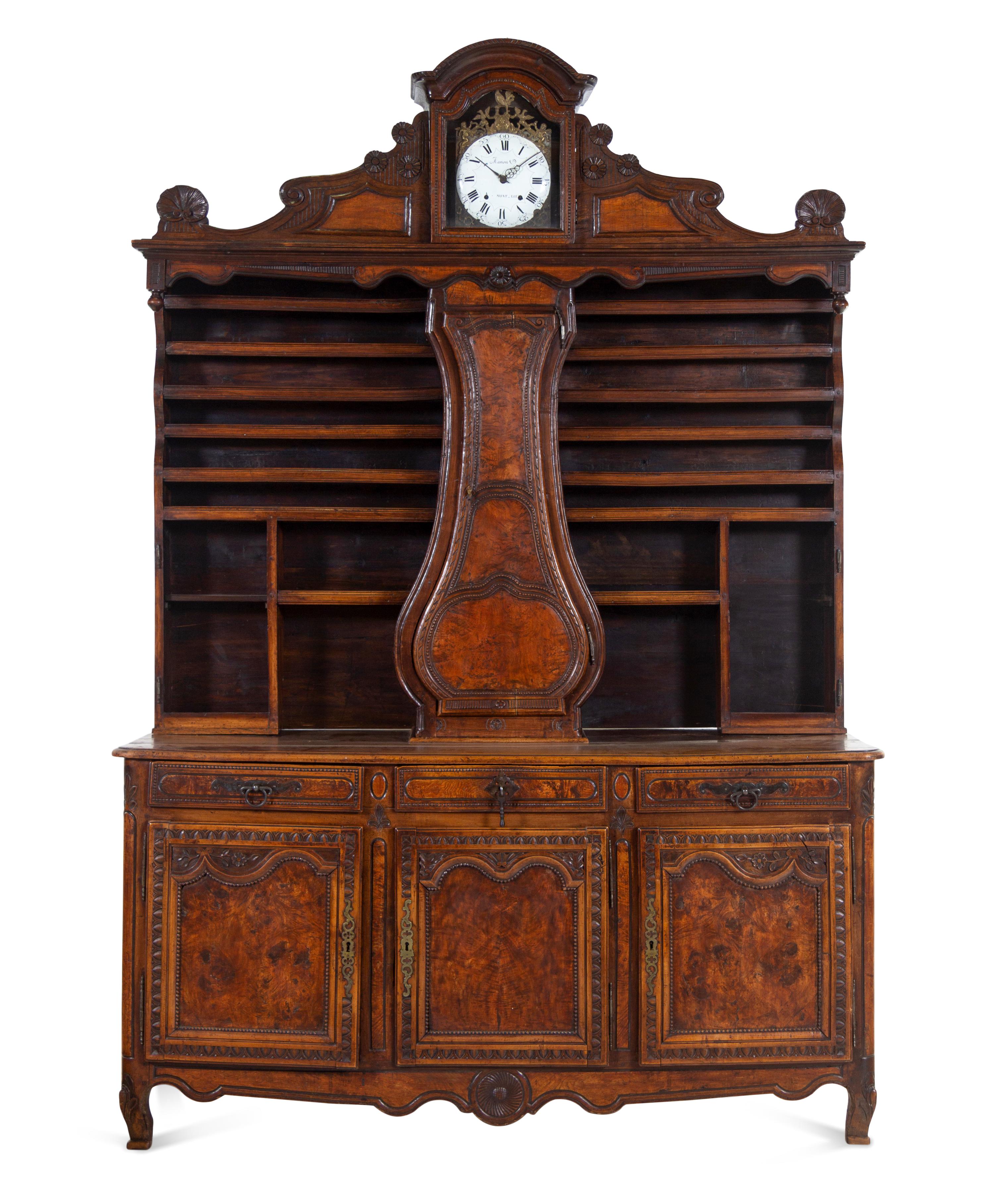A French Provincial Burlwood Clock-Inset Serving Cabinet