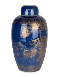 A Well-Painted Gilt-Decorated Powder Blue 'Zhong Kui' Covered Jar