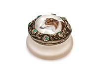 A Silver and Emerald Inset Frosted Essex Crystal Pill Box, 19th/20th century, of circular form, the lid centered by a miniture portrait