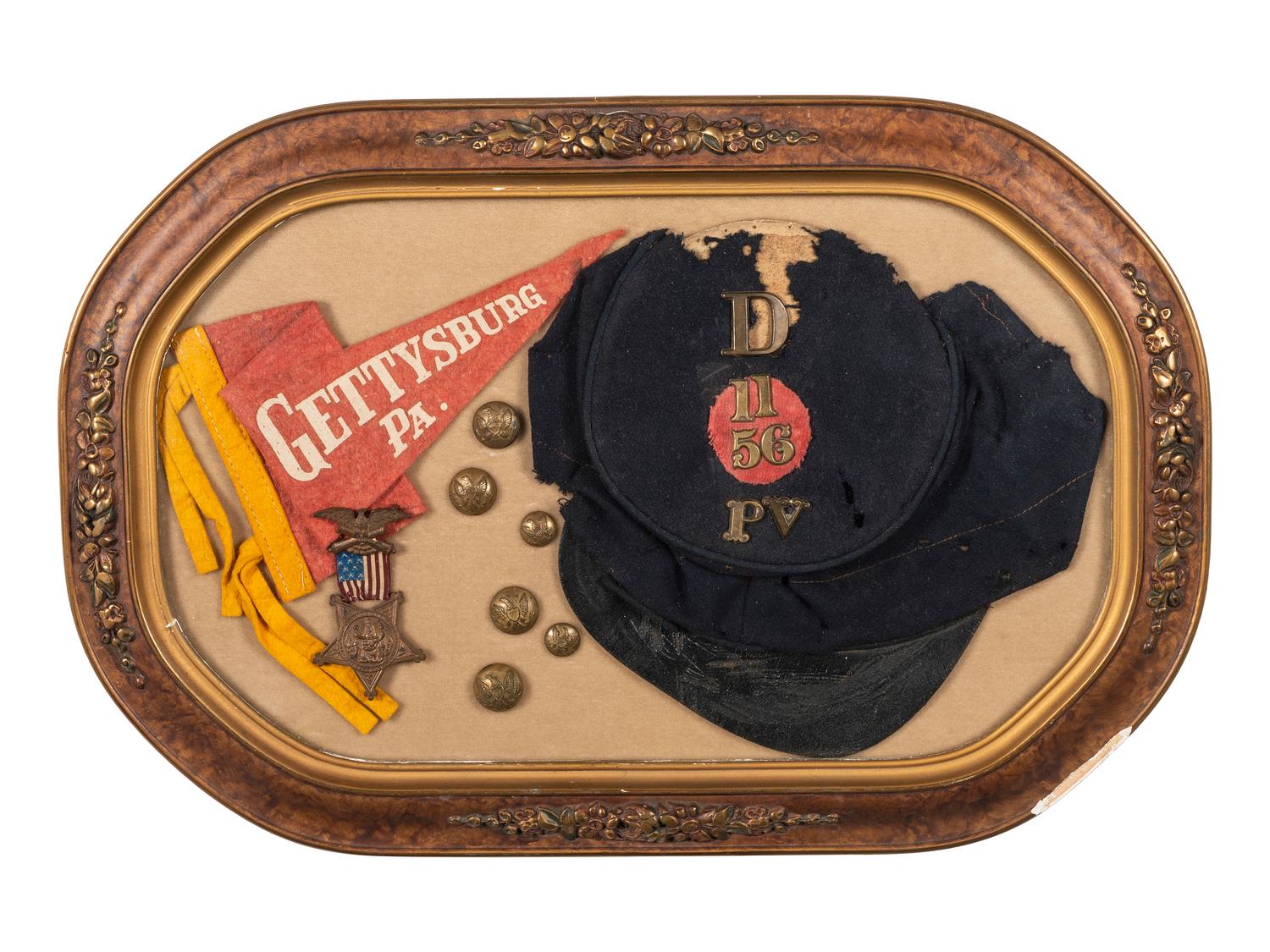 Model 1858 forage cap identified to Private James Strauser, Company D, 56th Pennsylvania Volunteer Infantry, WIA Gettysburg.