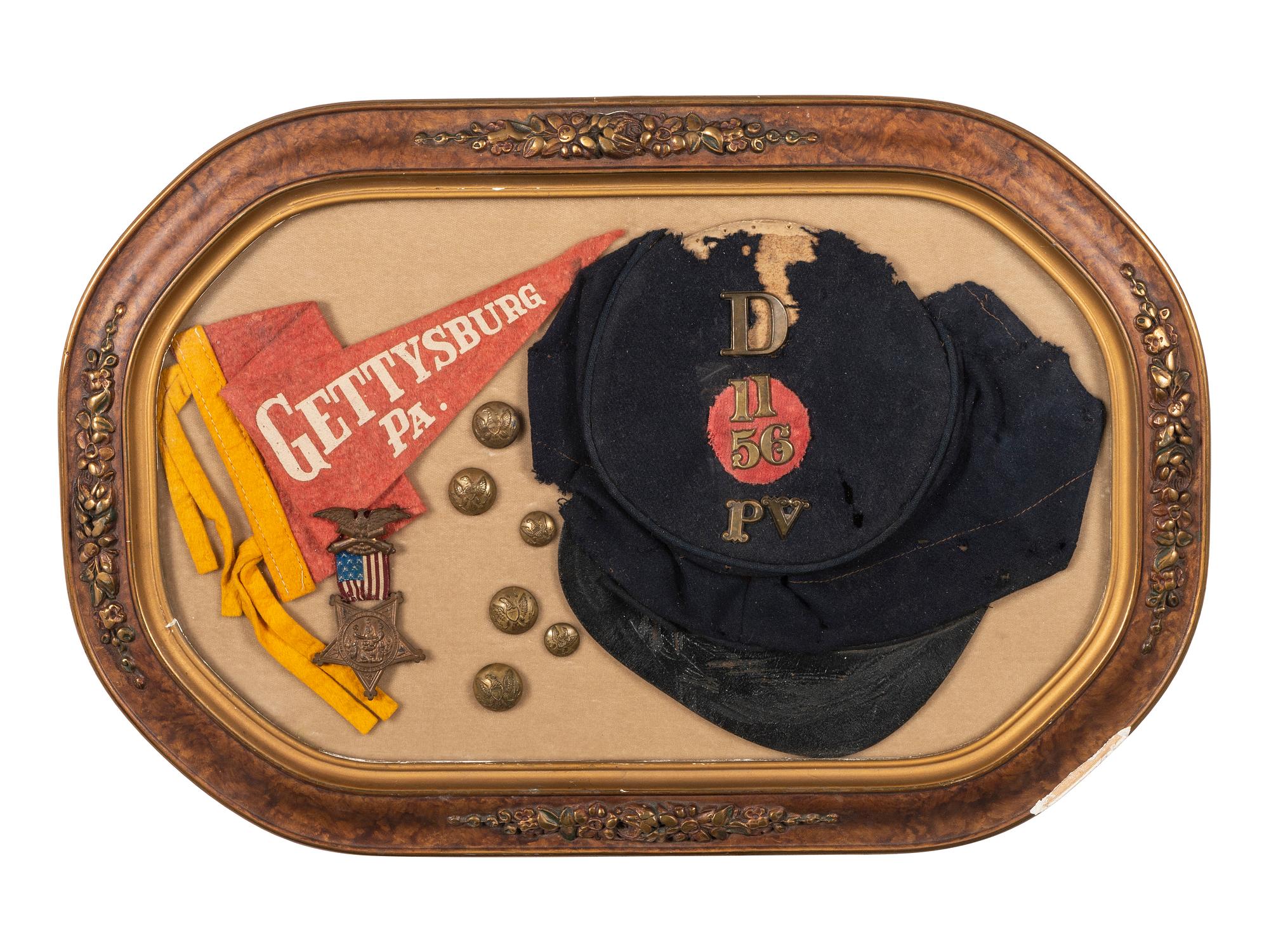 Model 1858 forage cap identified to Private James Strauser, Company D, 56th Pennsylvania Volunteer Infantry, WIA Gettysburg.