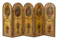 A Louis XVI Style Five-Panel Painted Canvas Floor Screen, Height of each panel 67 x width 23 1/2 inches.