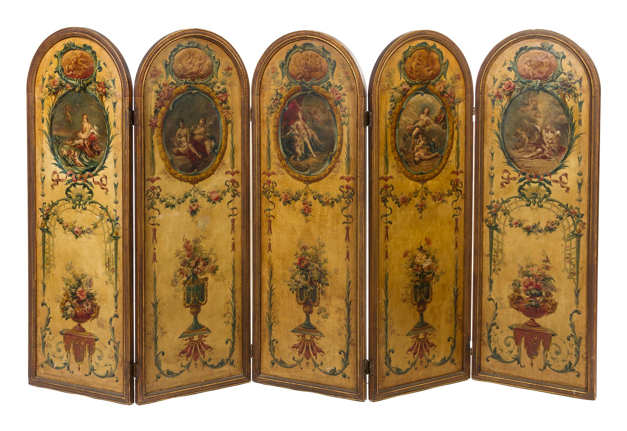 A Louis XVI Style Five-Panel Painted Canvas Floor Screen, Height of each panel 67 x width 23 1/2 inches.
