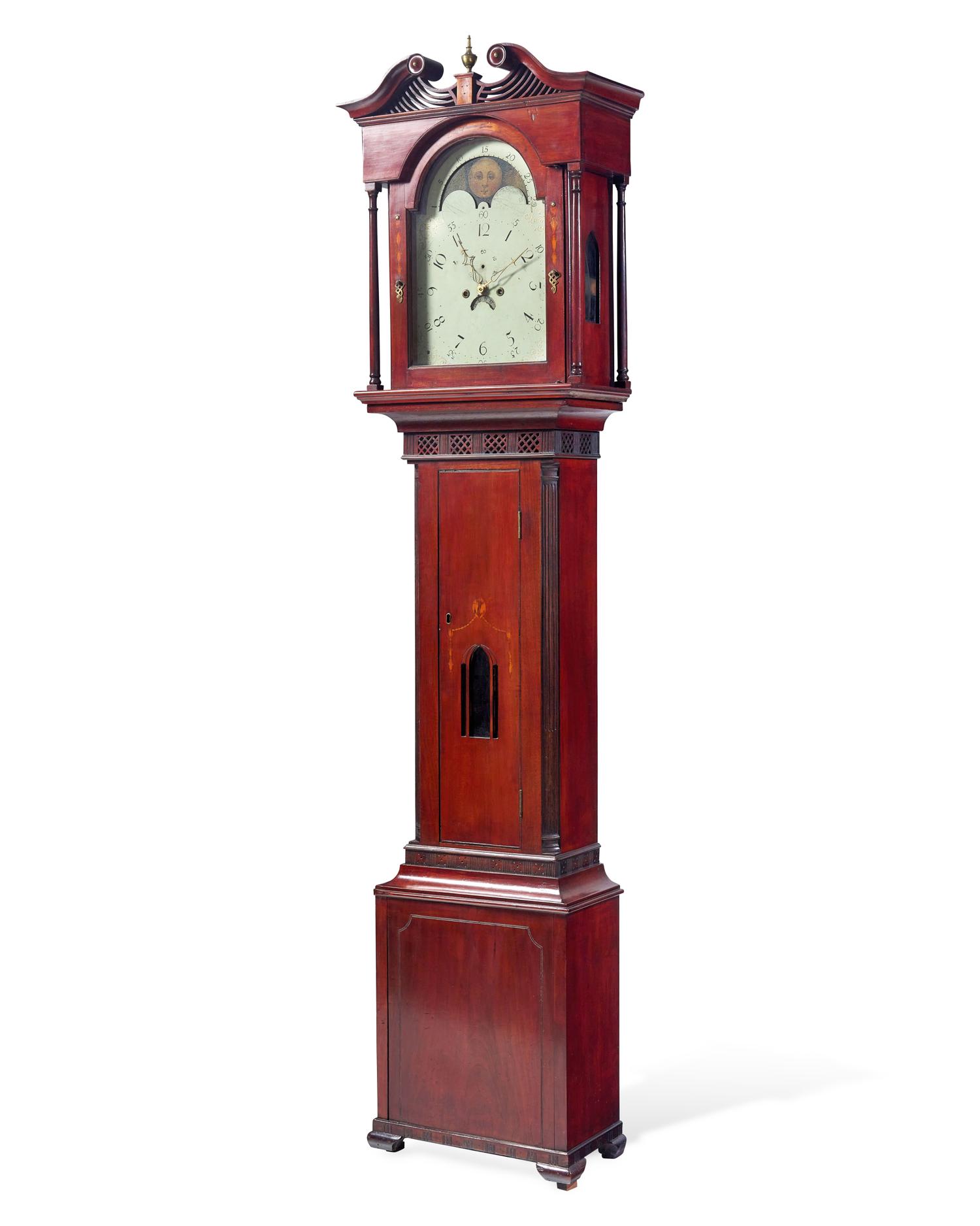 A Federal Carved And Inlaid Walnut and Cherrywood Tall Case Clock