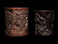 Two Chinese Carved Hardwood Brushpots, Bitong