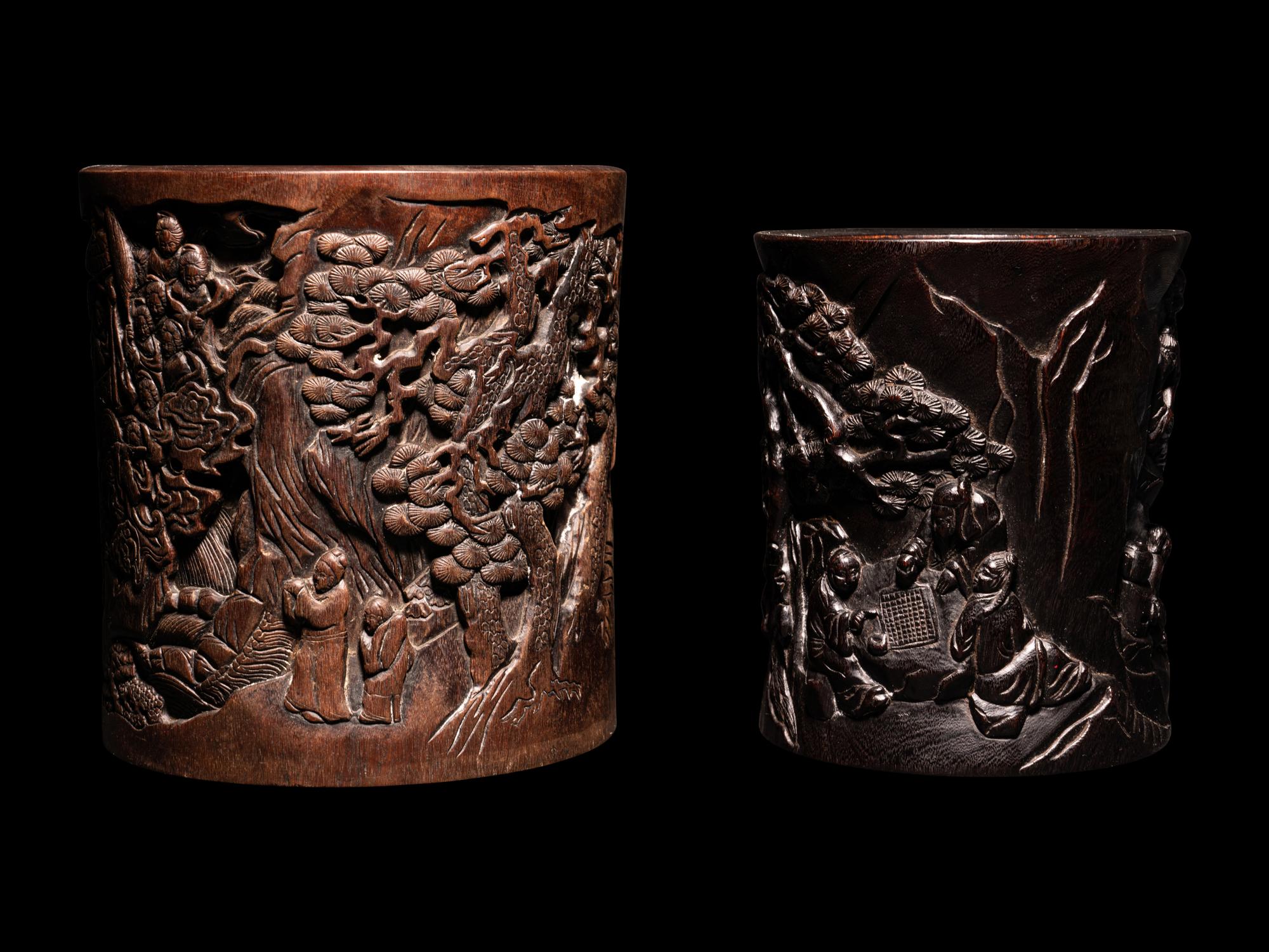 Two Chinese Carved Hardwood Brushpots, Bitong