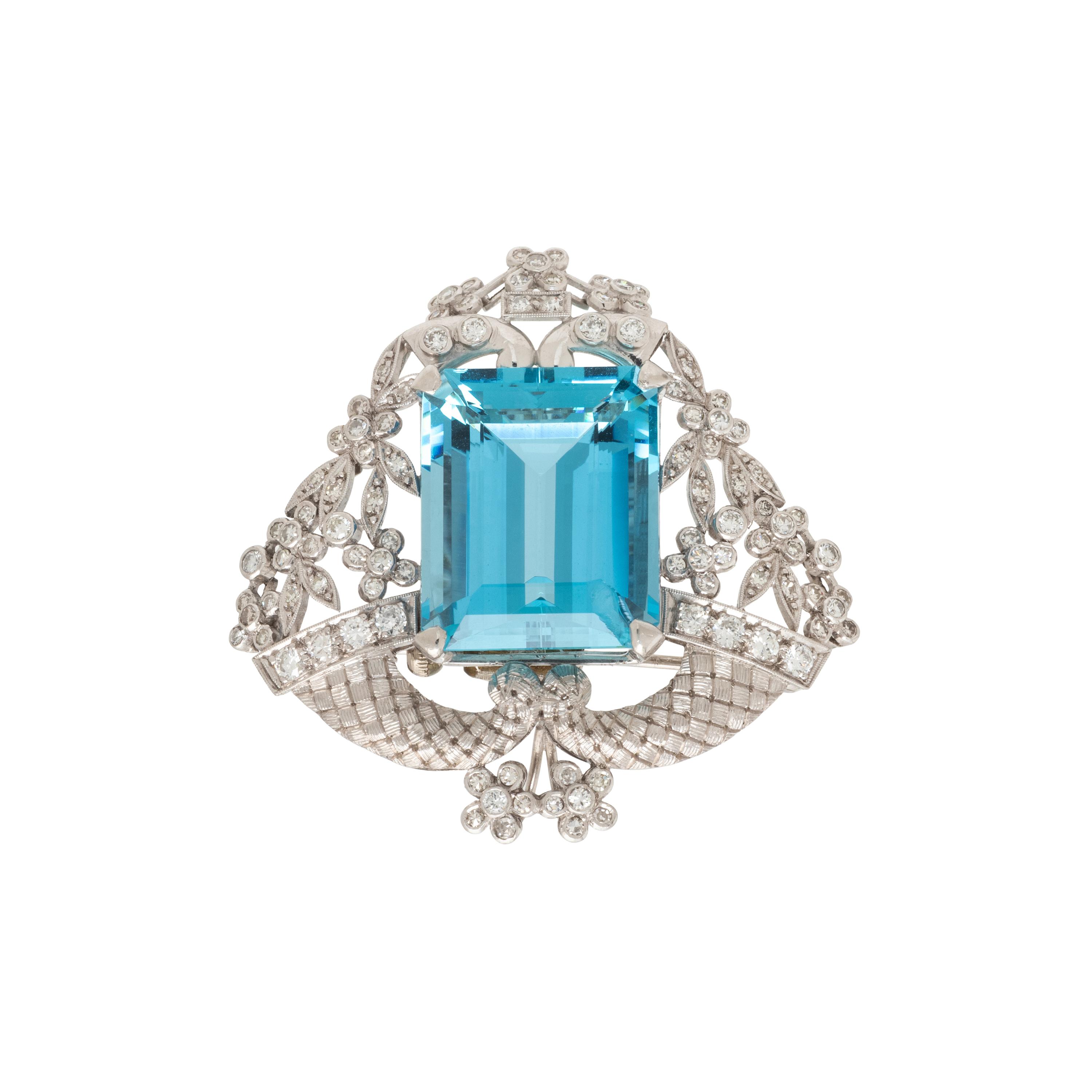 AQUAMARINE AND DIAMOND BROOCH