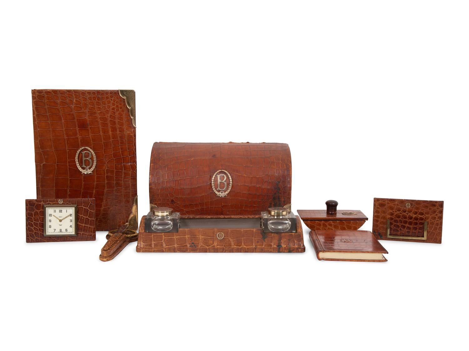 An English Crocodile Eight-Piece Desk Set