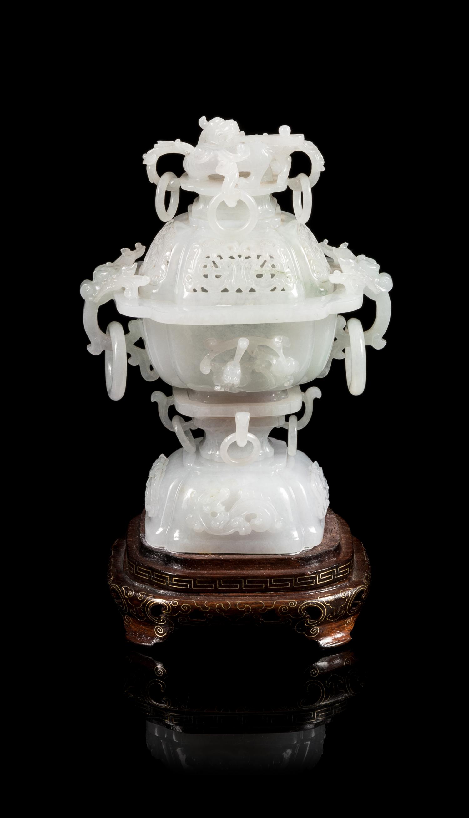 A Pale Celadon Jadeite Incense Burner Height 7 1/4 inches. — 20TH CENTURY