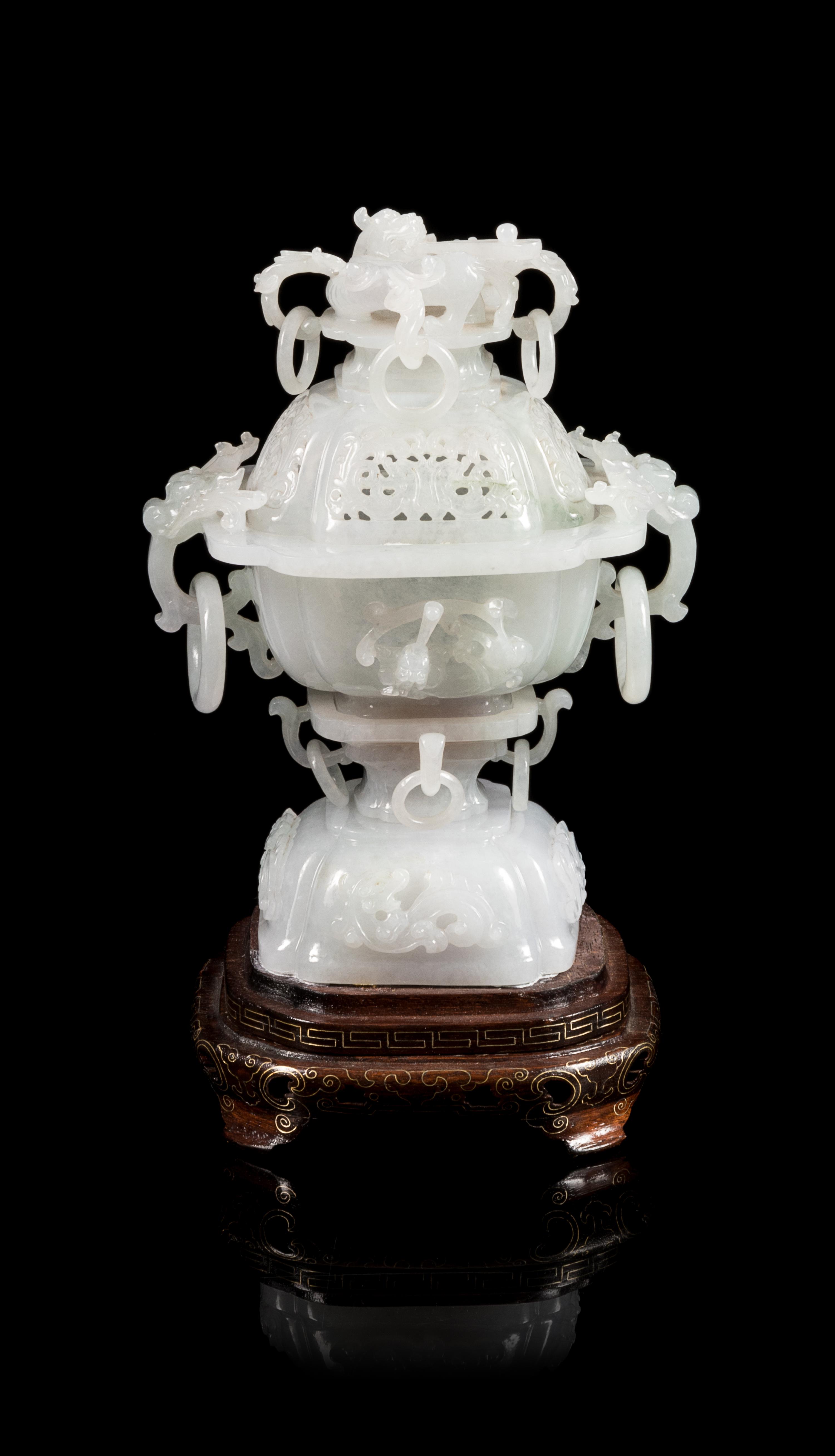 A Pale Celadon Jadeite Incense Burner Height 7 1/4 inches. — 20TH CENTURY