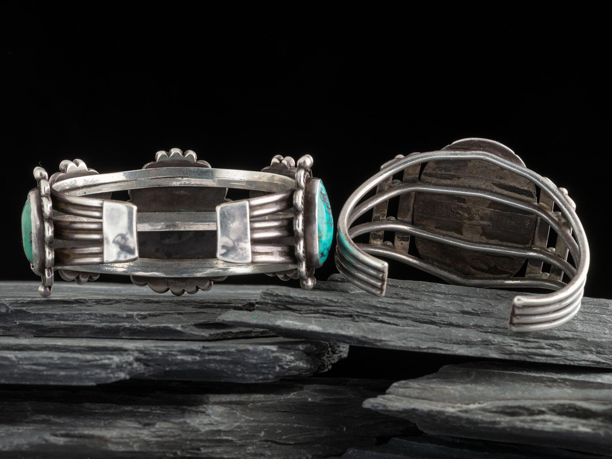 Pair of Navajo Silver and Turquoise Cuff Bracelets