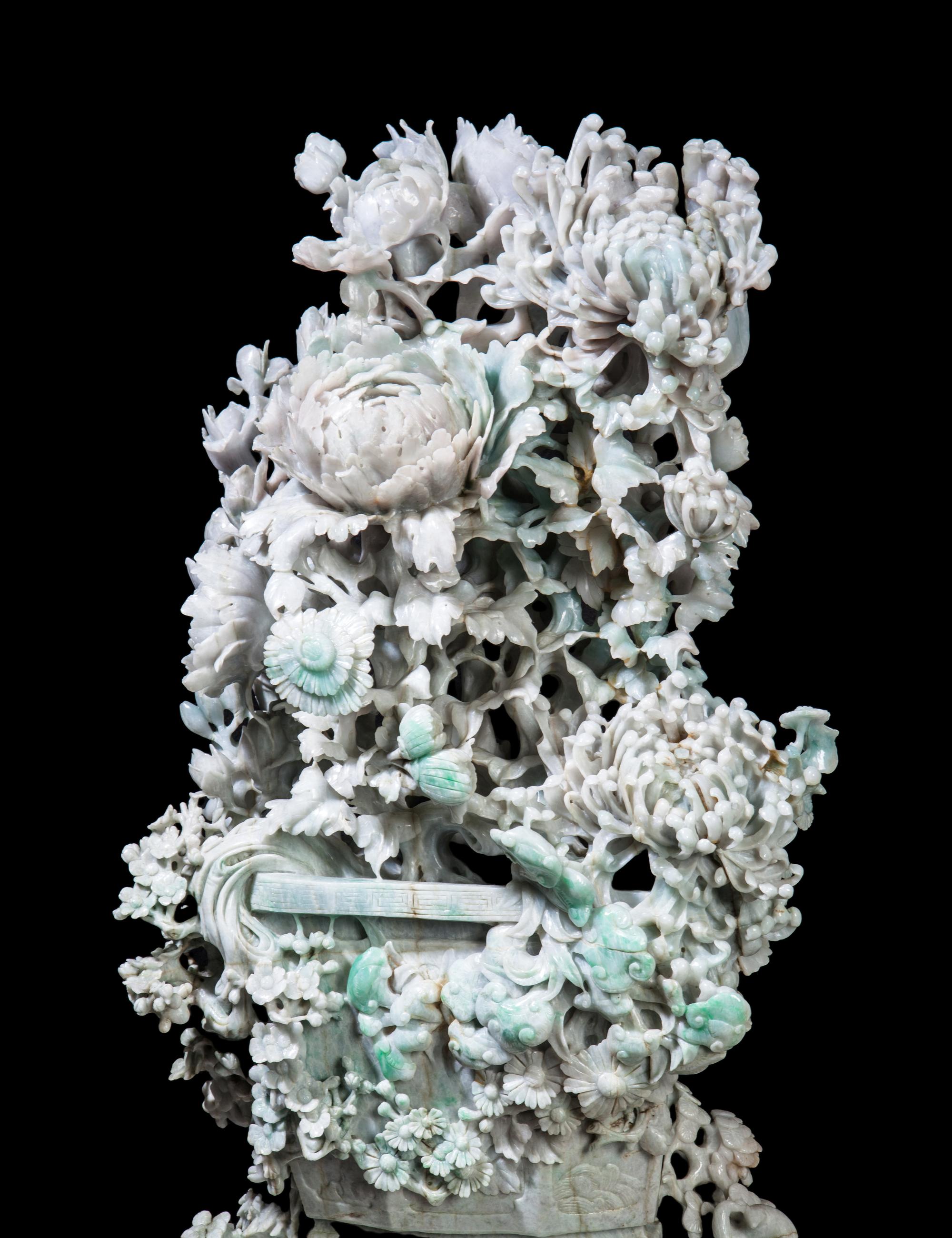 A Large Chinese Export Jadeite Carving of Chrysanthemums