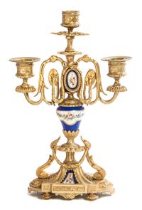 A Louis XVI Style Gilt Bronze and Sevres Style Porcelain Mounted Two-Light Candelabrum, Height 11 1/2 inches.