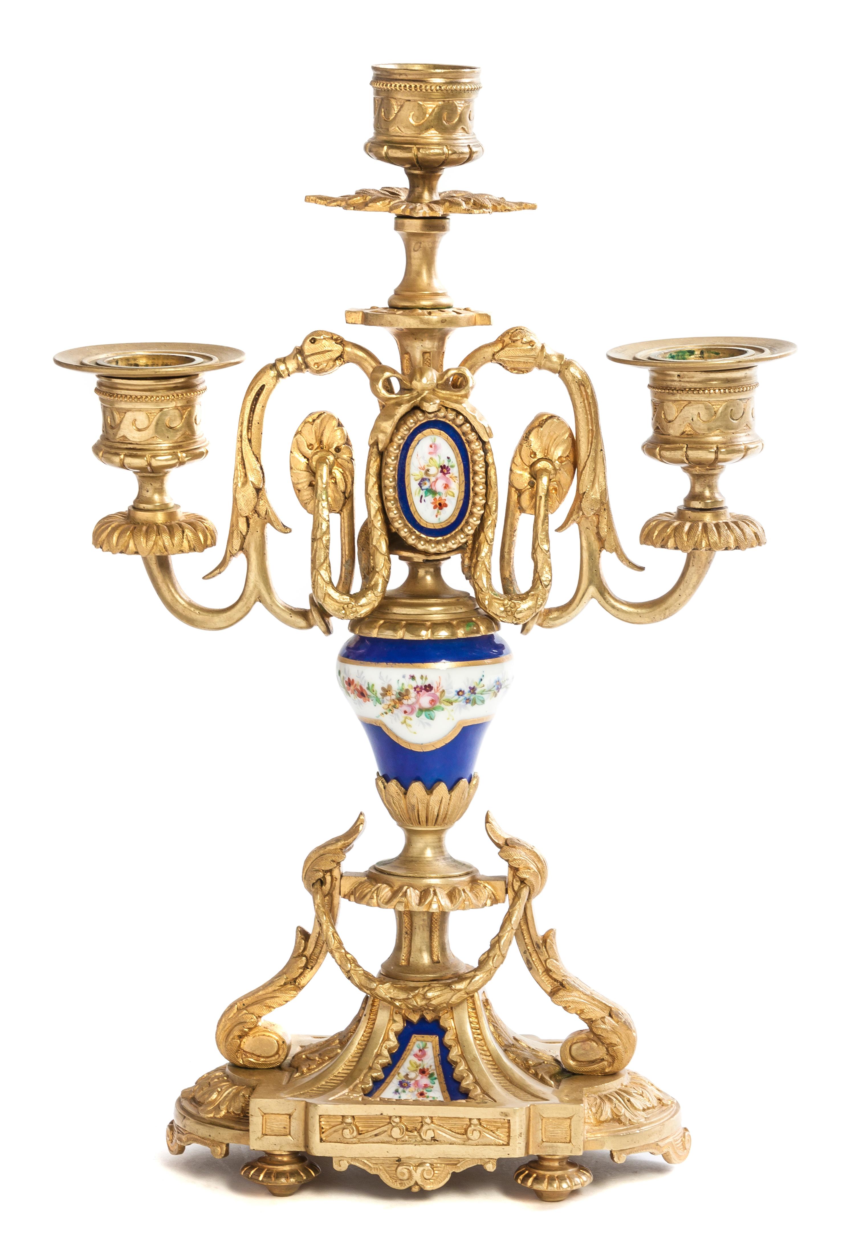 A Louis XVI Style Gilt Bronze and Sevres Style Porcelain Mounted Two-Light Candelabrum, Height 11 1/2 inches.