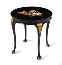 An Italian Pietra Dura Table Top on a Painted Walnut Base Height 23 x diameter of top 23 inches. — THE TOP LATE 19TH/EARLY 20TH CENTURY