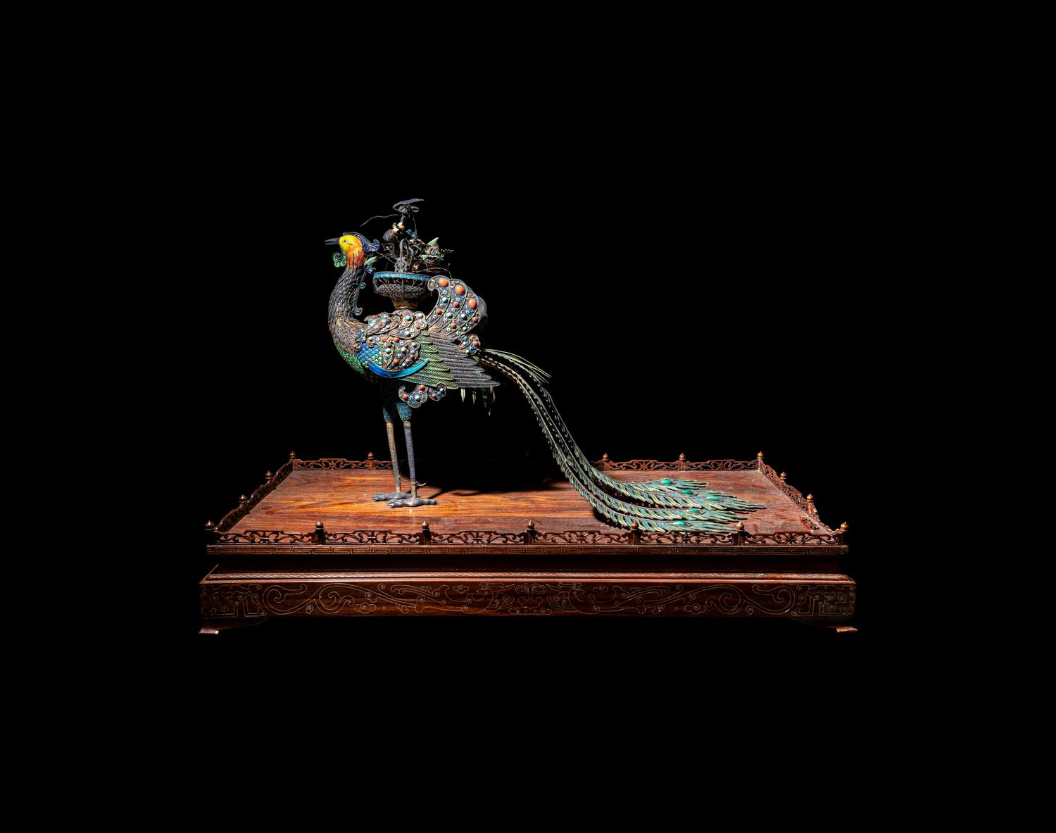 A Large Chinese Hardstone Embellished Silver Filigree Figure of a Phoenix