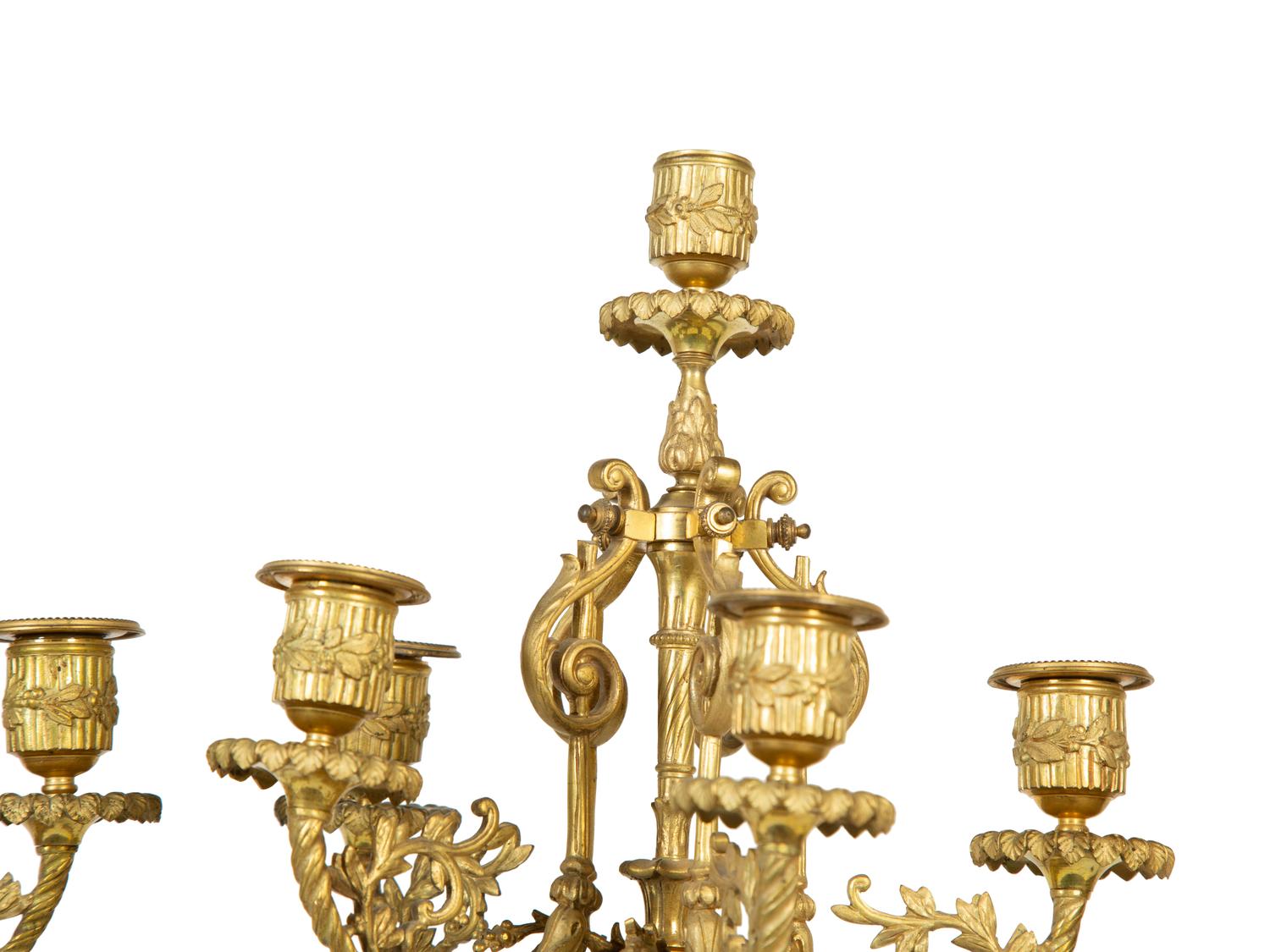 A Pair of French Gilt Bronze and Marble Urn-Form Six-Light Candelabra