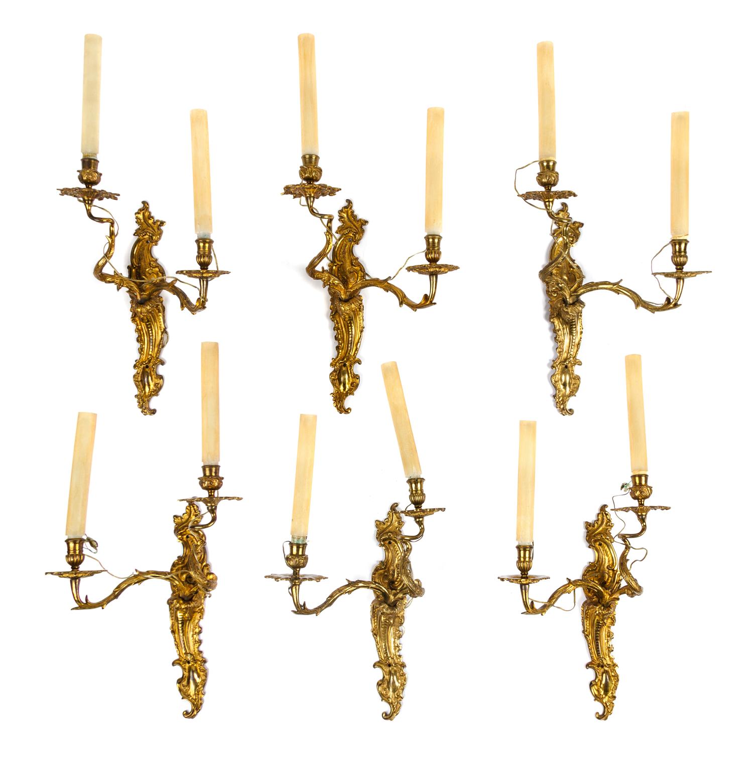 A Set of Six Louis XV Style Gilt Bronze Two-Light Sconces Height 16 1/2 inches. — 19TH CENTURY