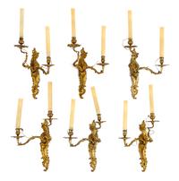 A Set of Six Louis XV Style Gilt Bronze Two-Light Sconces Height 16 1/2 inches. — 19TH CENTURY