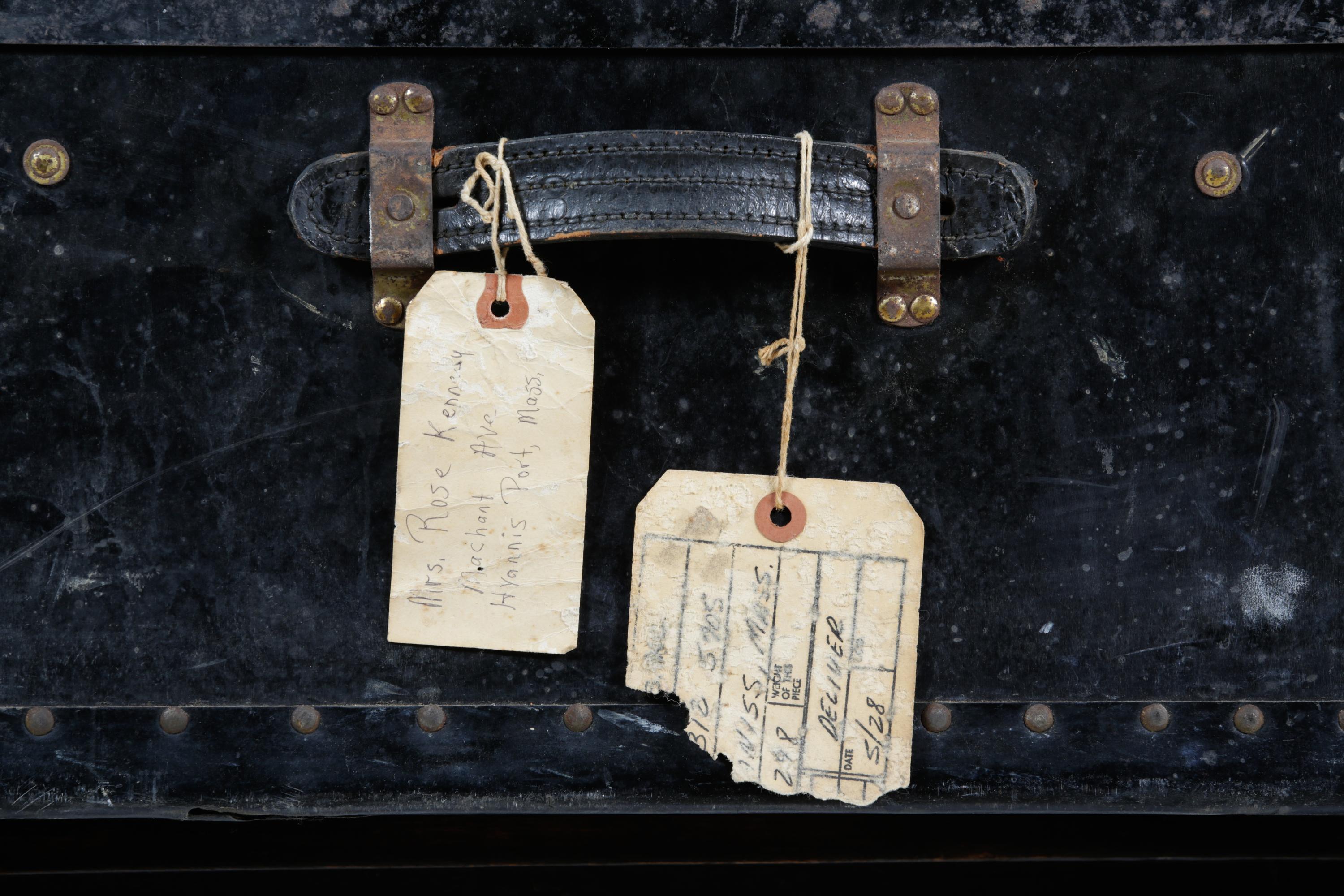 A Black Metal Steamer Trunk Height 12 1/2 inches x width 36 inches x depth 21 7/8 inches.