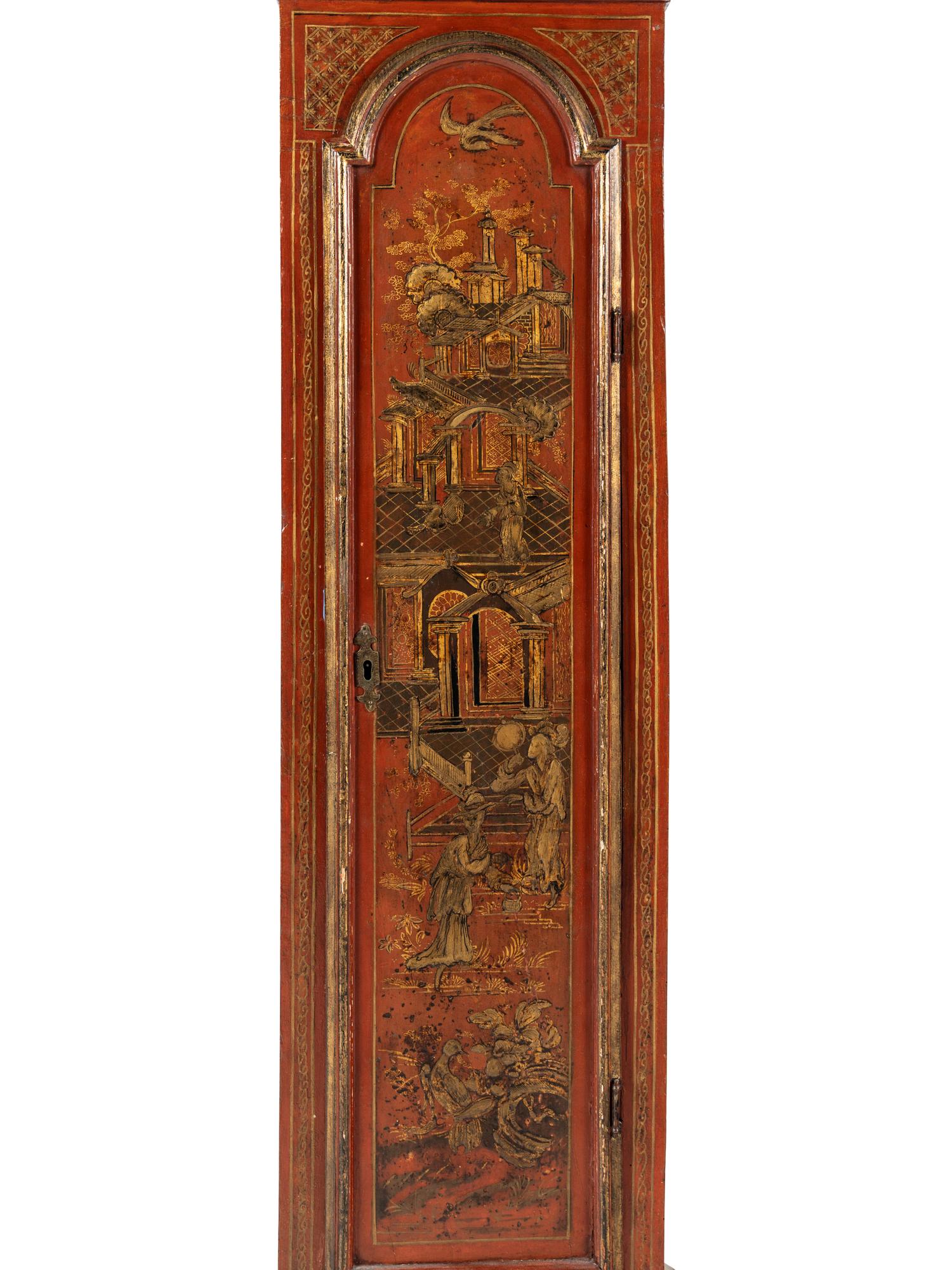 An English Red Japanned Tall Case Clock