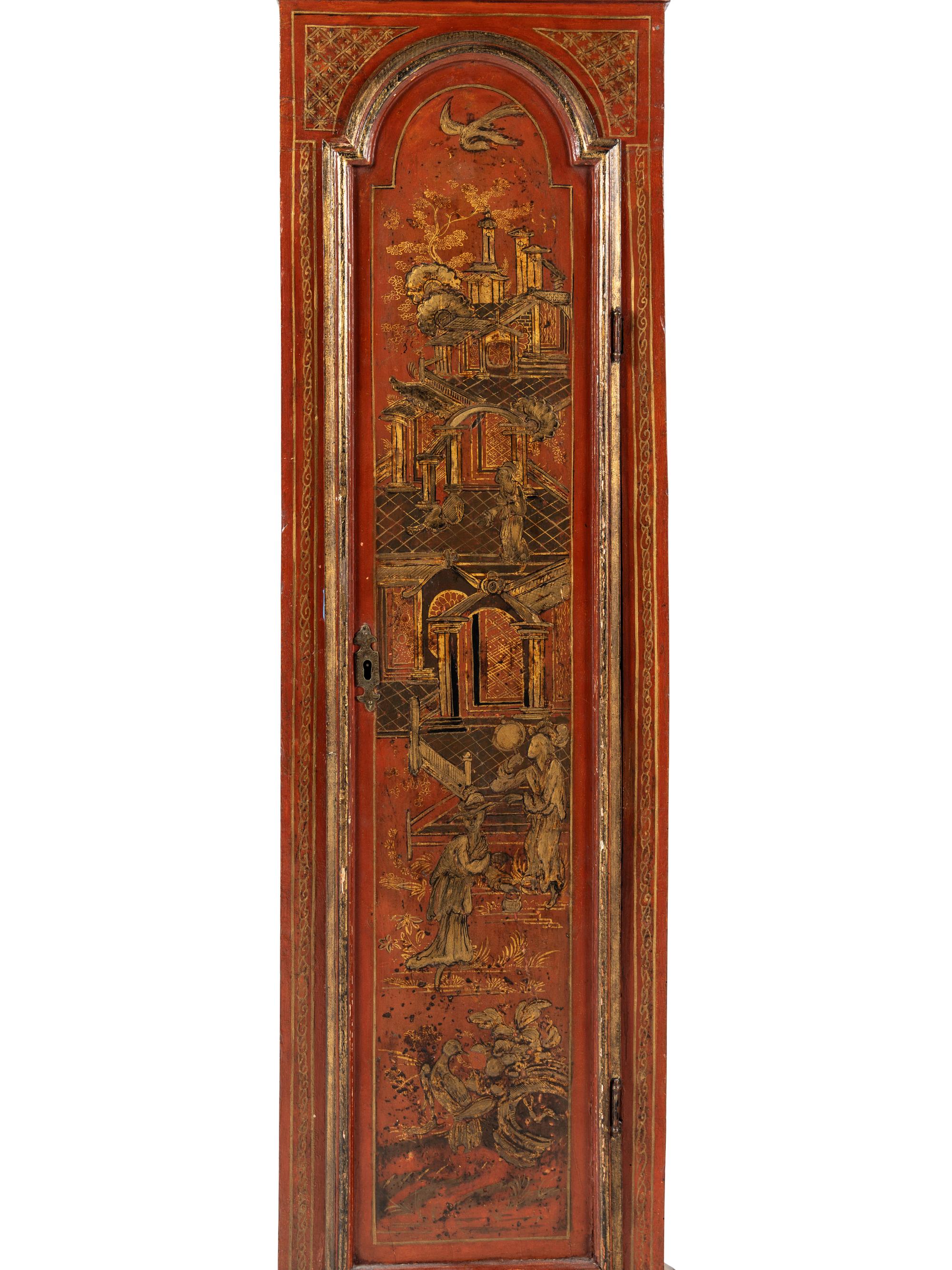 An English Red Japanned Tall Case Clock