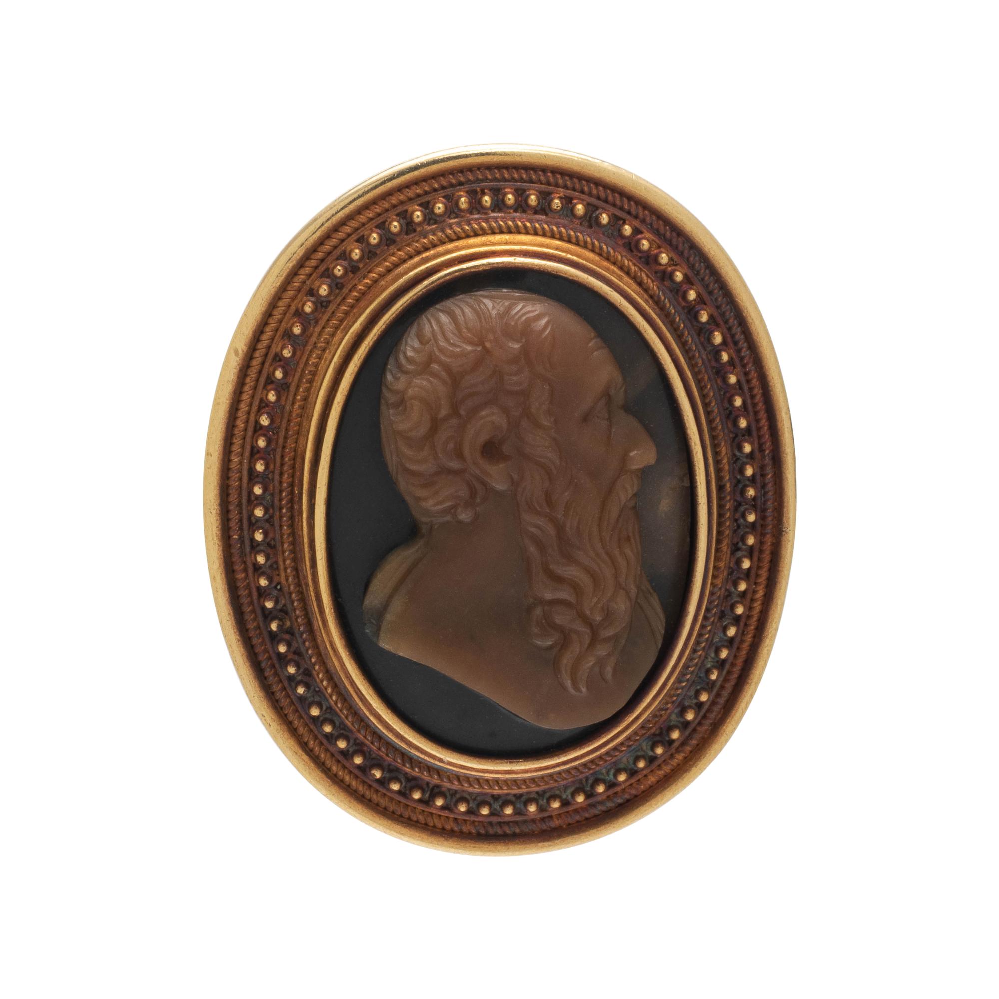 CASTELLANI, ETRUSCAN REVIVAL, YELLOW GOLD AND HARDSTONE CAMEO BROOCH