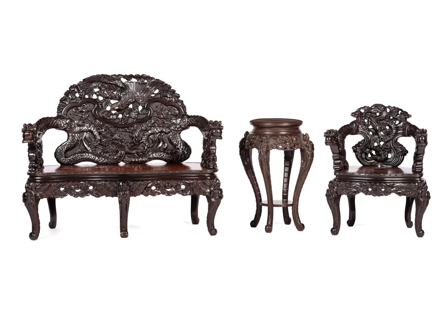 A Japanese Carved Hardwood Armchair, Settee and Marble Inset Stand